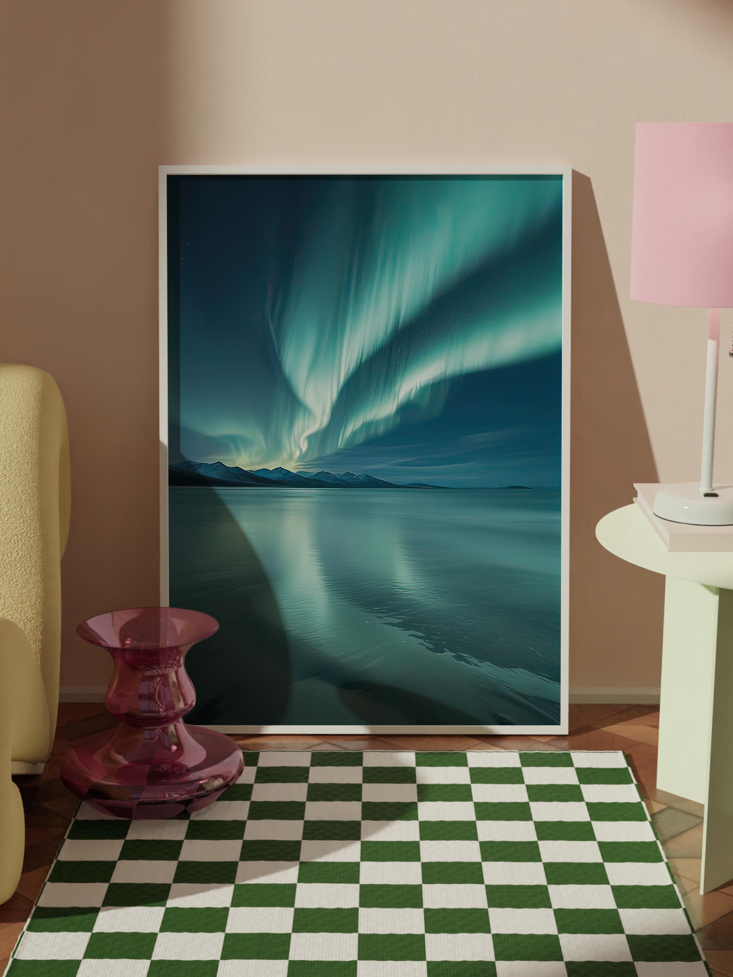 Northern Lights Çerçeveli Tablo, Beyaz Çerçeve ve Poster, Duvar Tablosu Comfort Serisi NO:108366