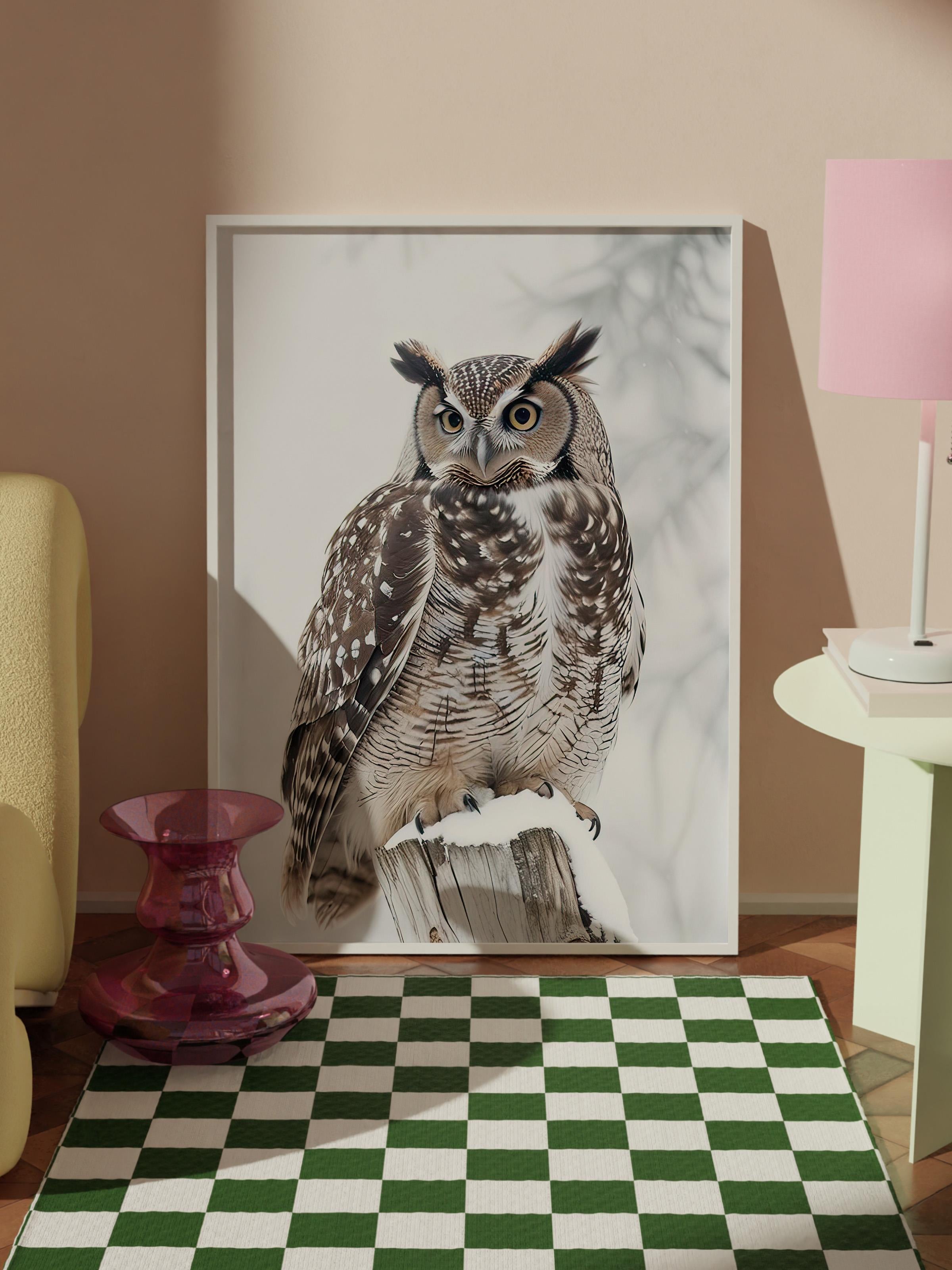 Owl in Snowfall Yılbaşı Tablo, Beyaz Çerçeve ve Poster, Duvar Tablosu Comfort Serisi NO:108413