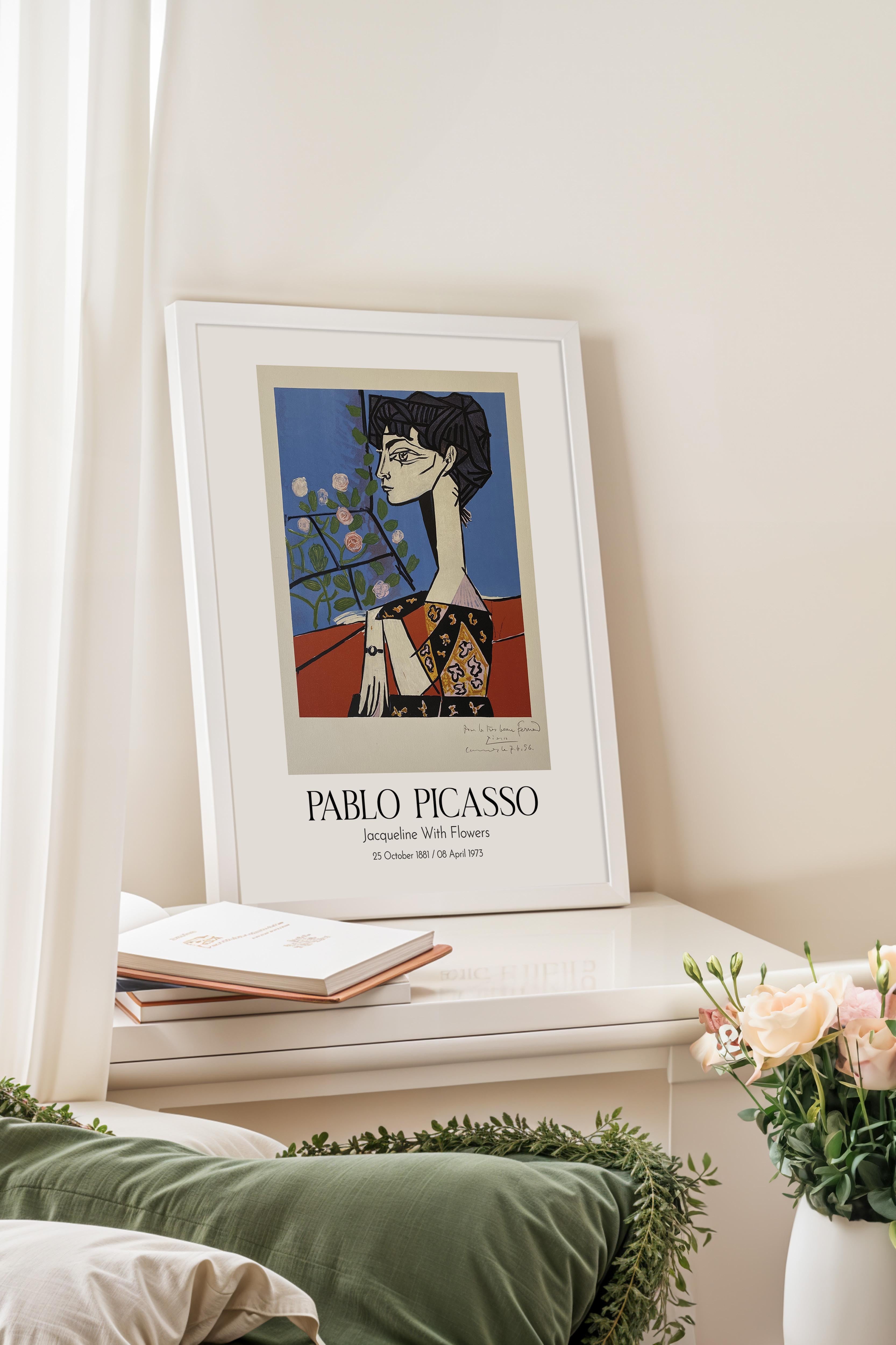 Pablo Picasso - Jacqueline With Flowers, Beyaz Çerçeveli Tablo, Sanat Serisi NO:112497