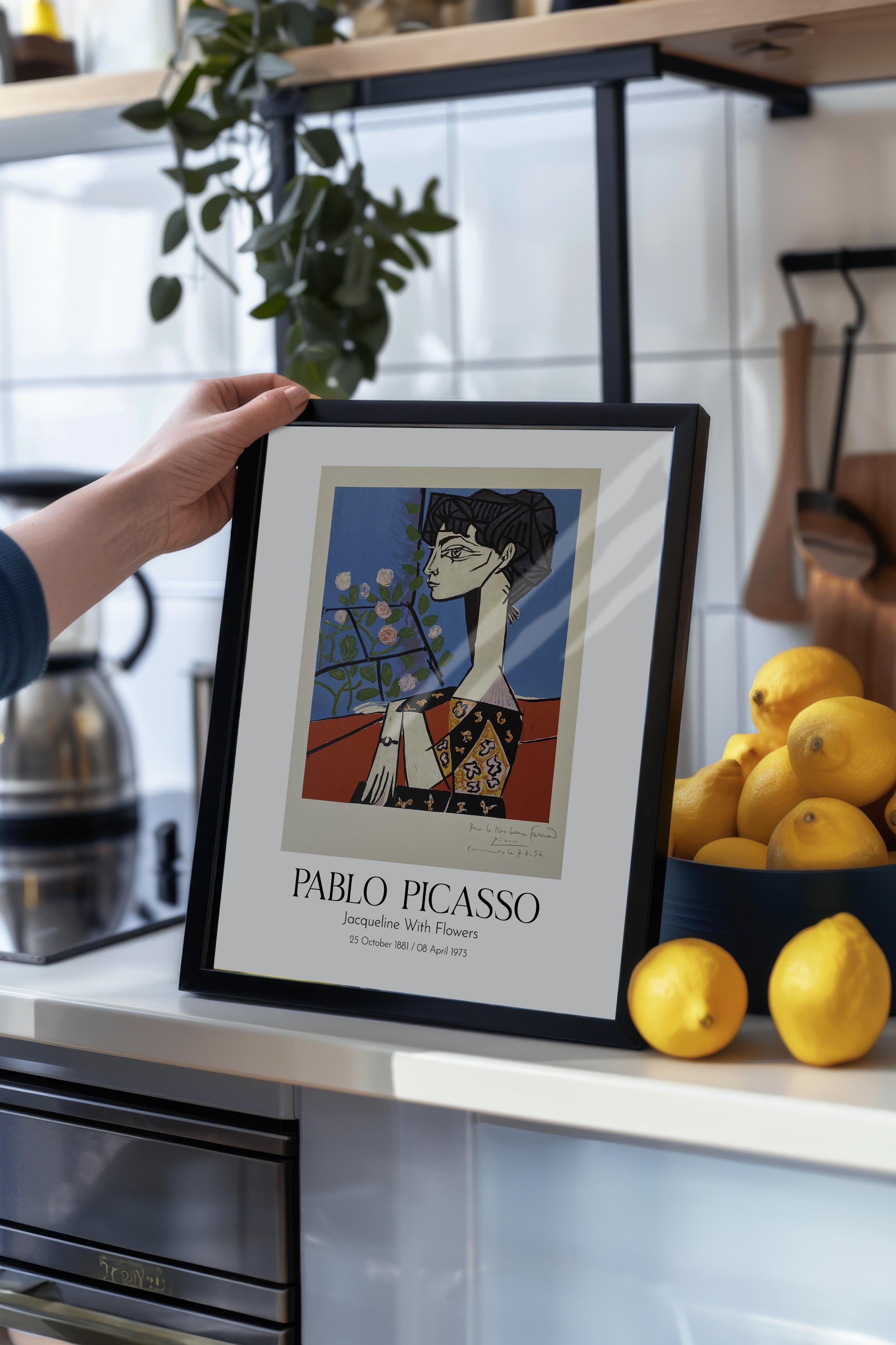 Pablo Picasso - Jacqueline With Flowers, Siyah Çerçeveli Tablo, Sanat Serisi NO:112497