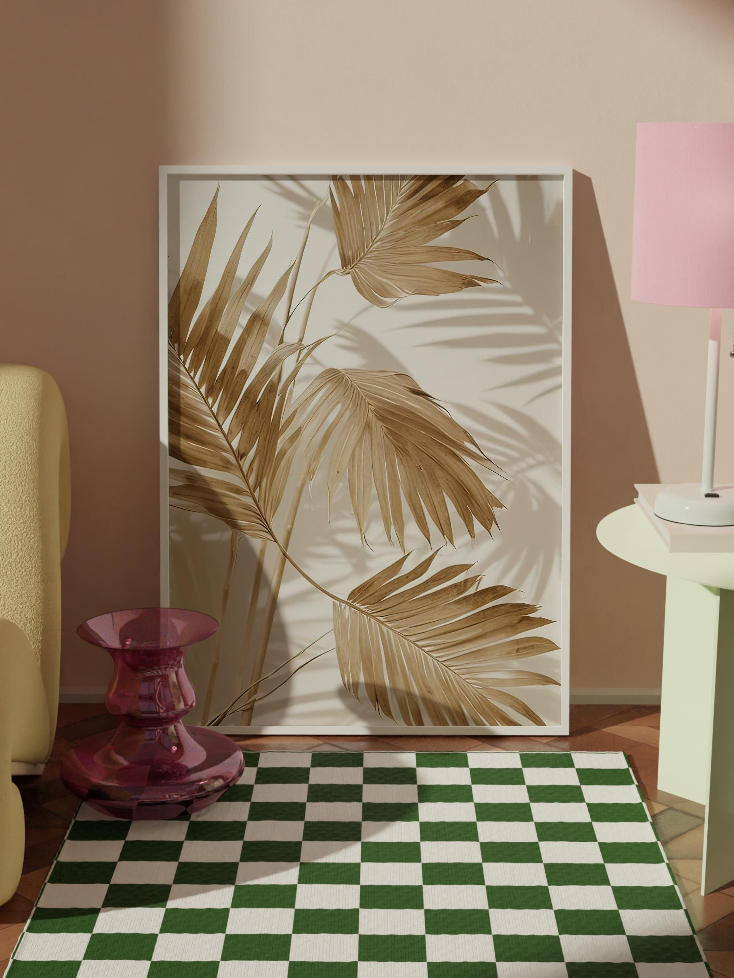 Palm Gold Çerçeveli Tablo, Beyaz Çerçeve ve Poster, Dikey Duvar Tablosu Comfort Serisi NO:108380