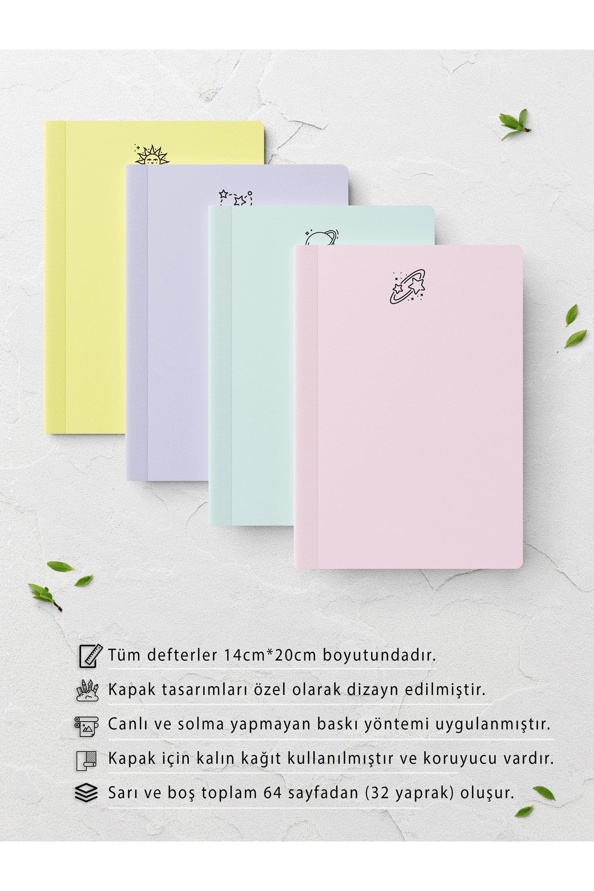 Pastel Temalı Defter Seti - 4 Adet - 14cm*20cm - 64 Sayfa - Çizgisiz