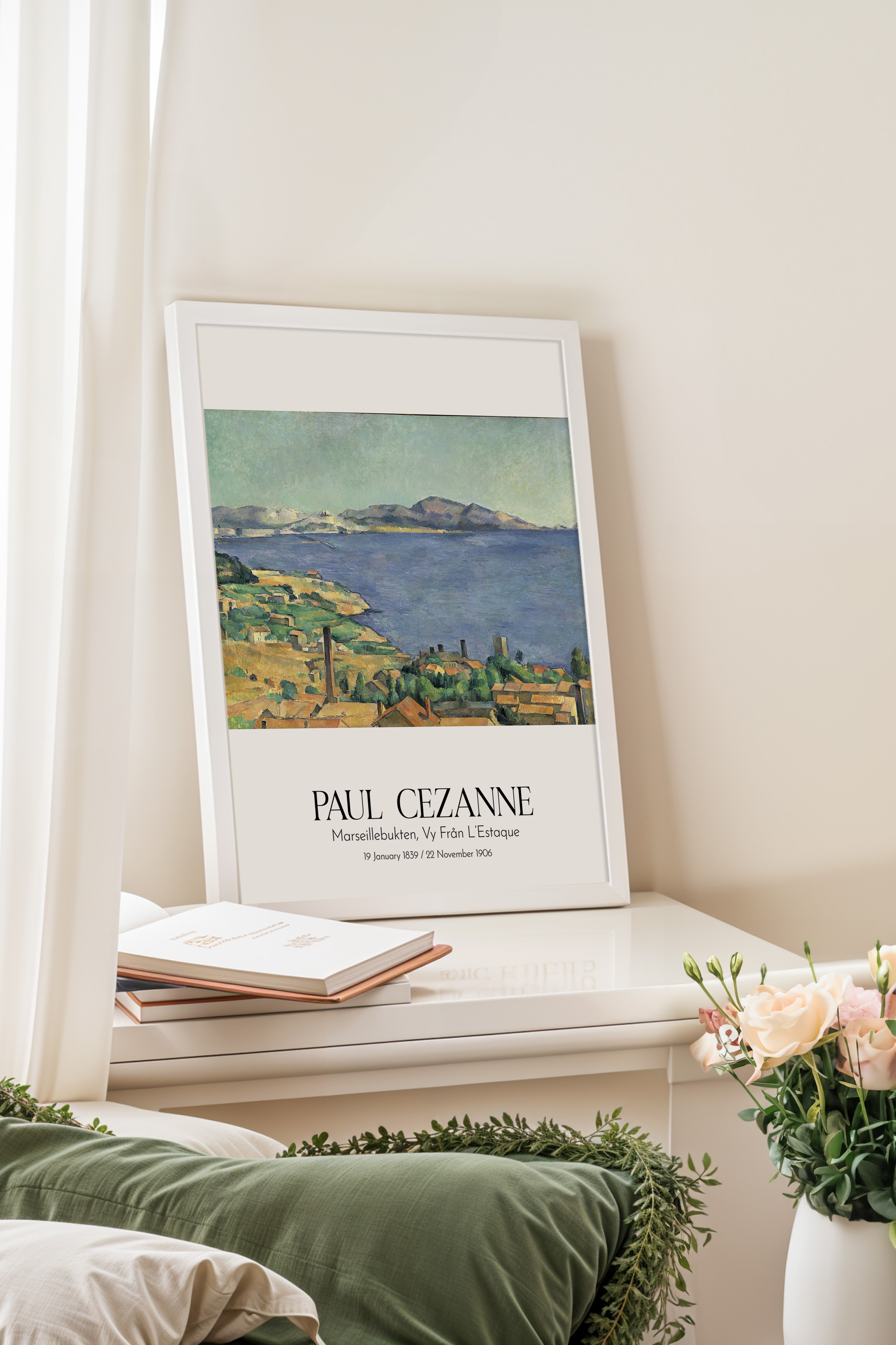 Paul Cezanne - Marseillebukten, Vy Från L'Estaque, Beyaz Çerçeveli Tablo, Sanat Serisi NO:110484