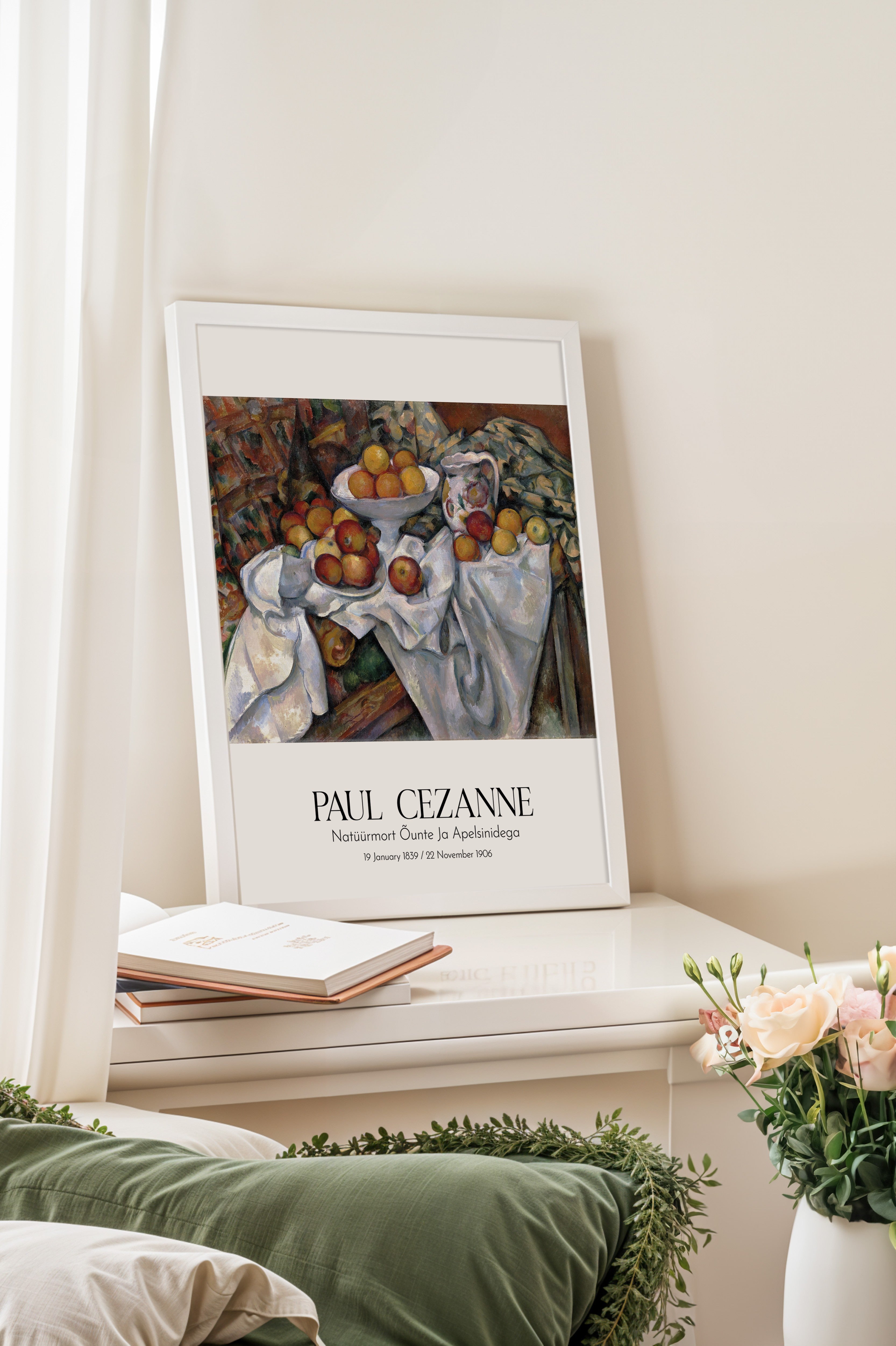 Paul Cezanne - Natüürmort Õunte Ja Apelsinidega, Beyaz Çerçeveli Tablo, Sanat Serisi NO:110464