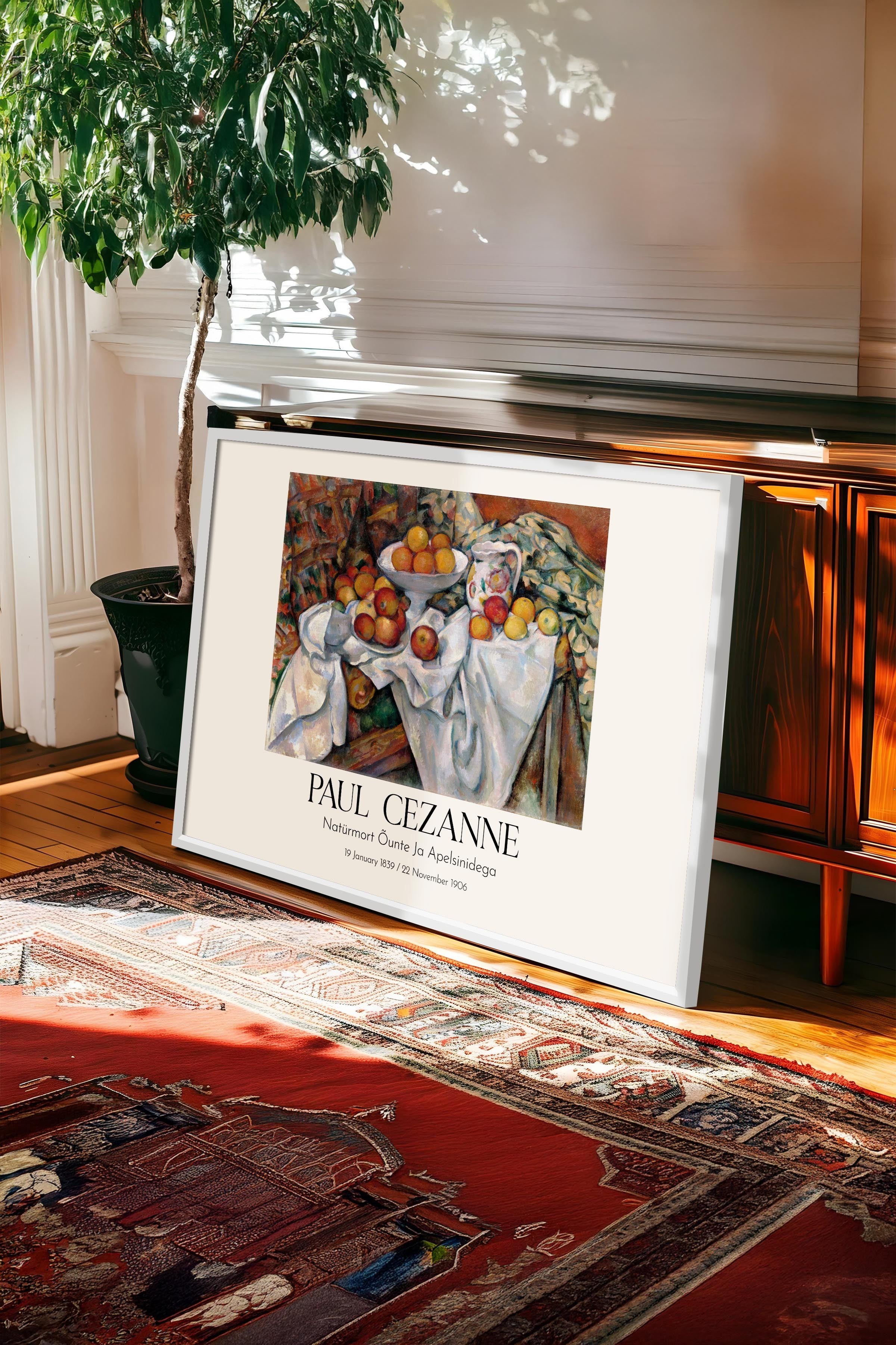 Paul Cezanne - Natüürmort Õunte Ja Apelsinidega, Beyaz Çerçeveli Tablo, Sanat Serisi NO:110488
