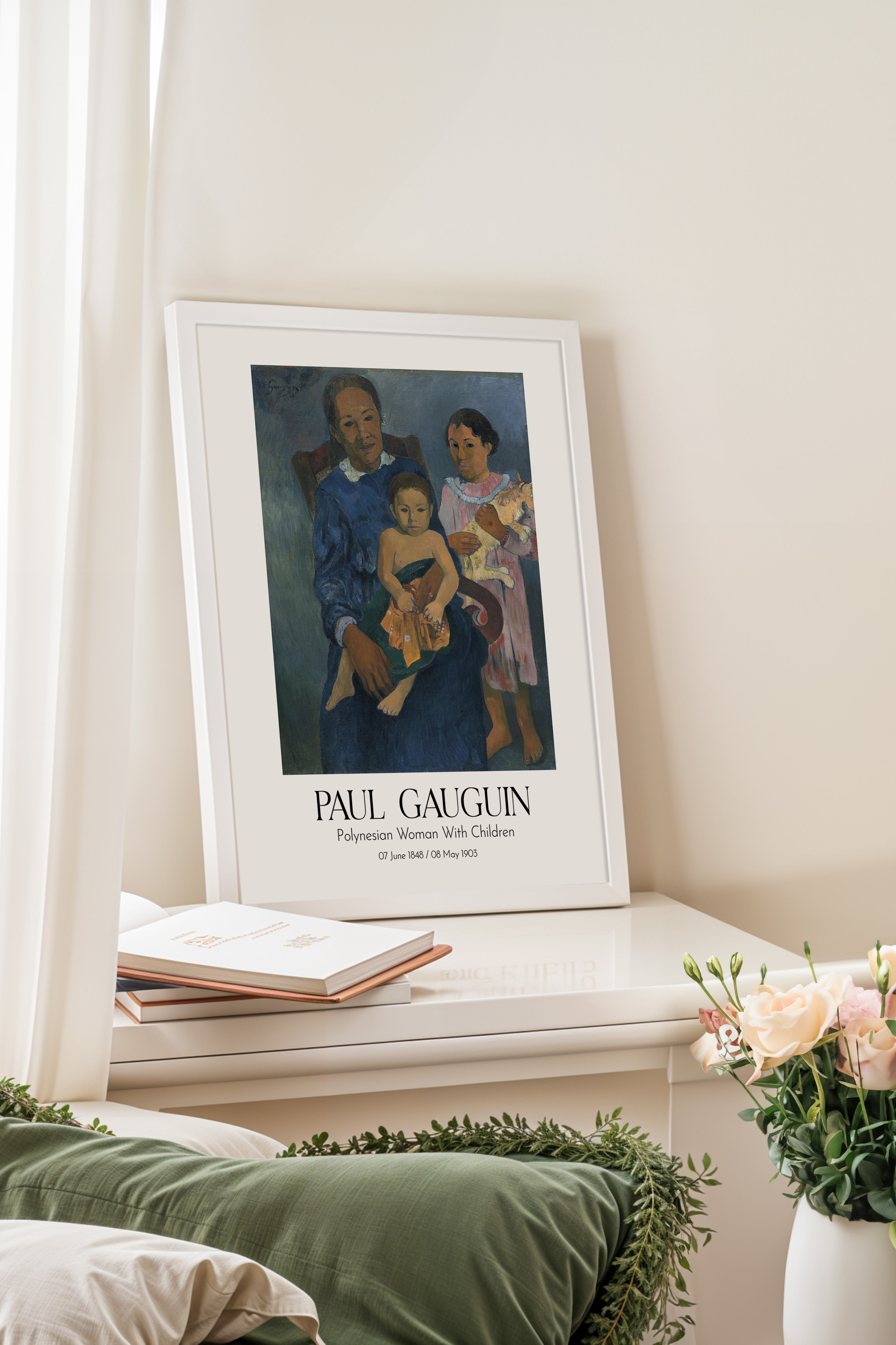Paul Gauguin - Polynesian Woman With Children, Beyaz Çerçeveli Tablo, Sanat Serisi NO:110555