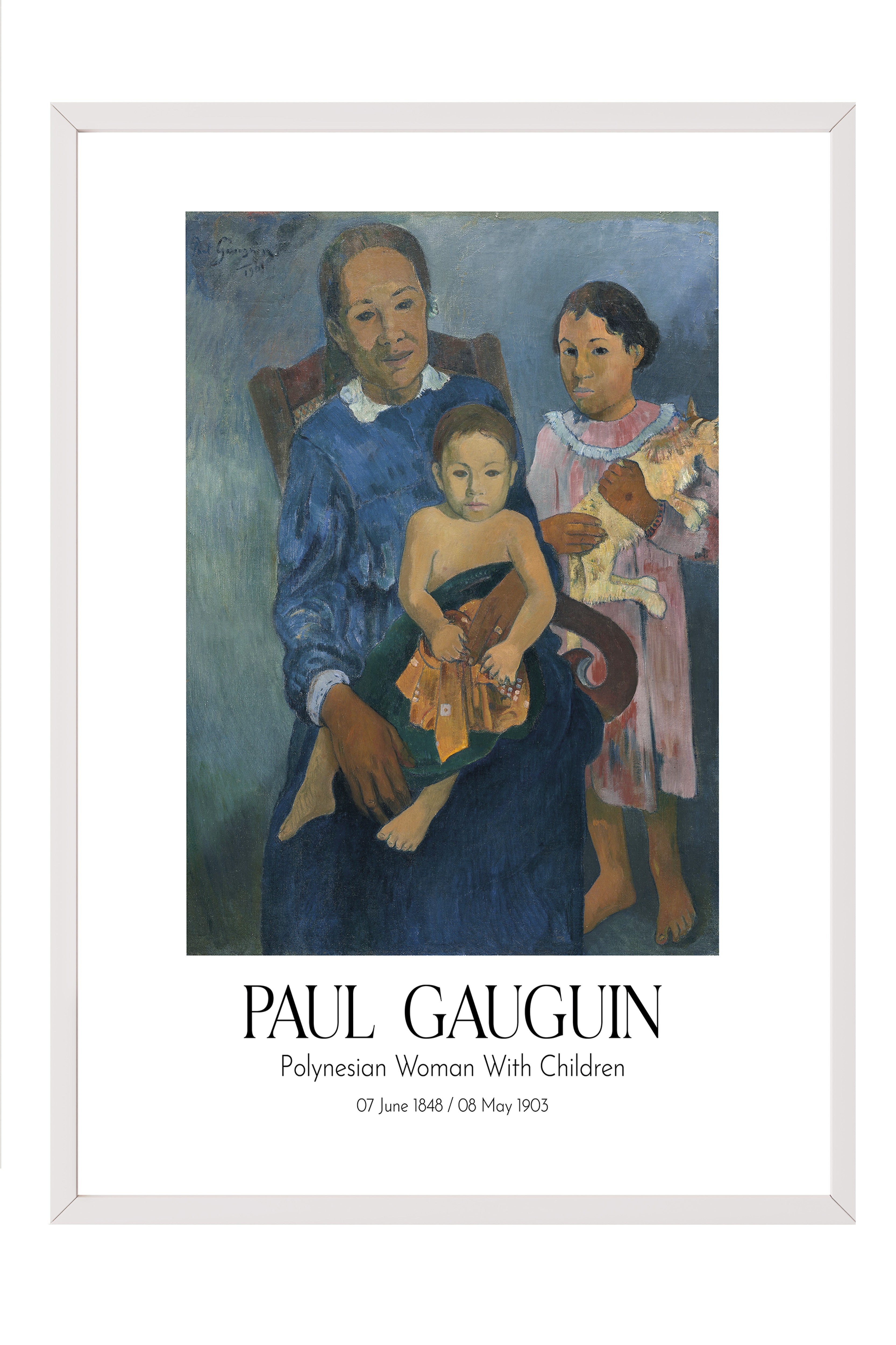 Paul Gauguin - Polynesian Woman With Children, Beyaz Çerçeveli Tablo, Sanat Serisi NO:110555