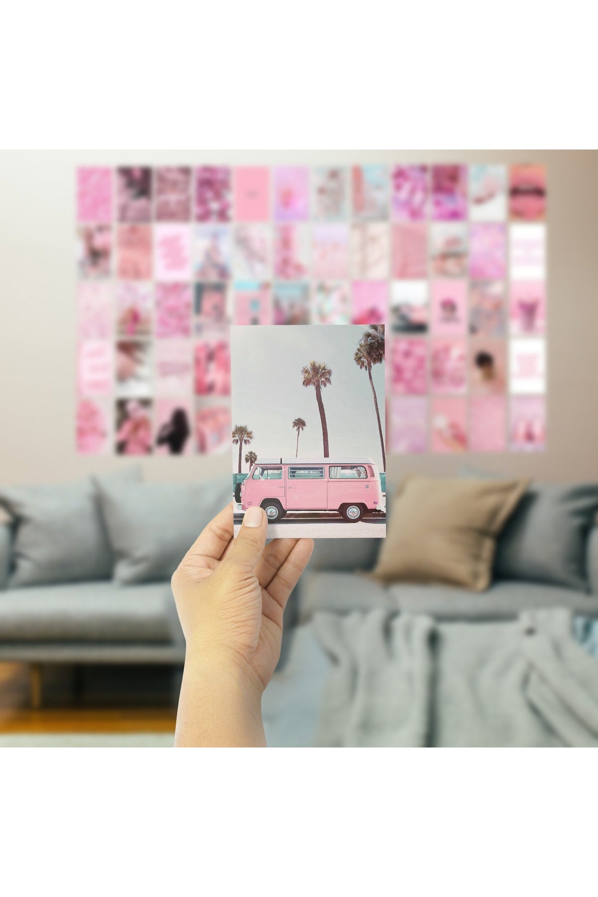 Pembe Duvar Posteri Kolaj Set - 50 Adet Arkası Yapışkanlı Pembe Poster Seti - 10cm*15cm, Kutulu Set