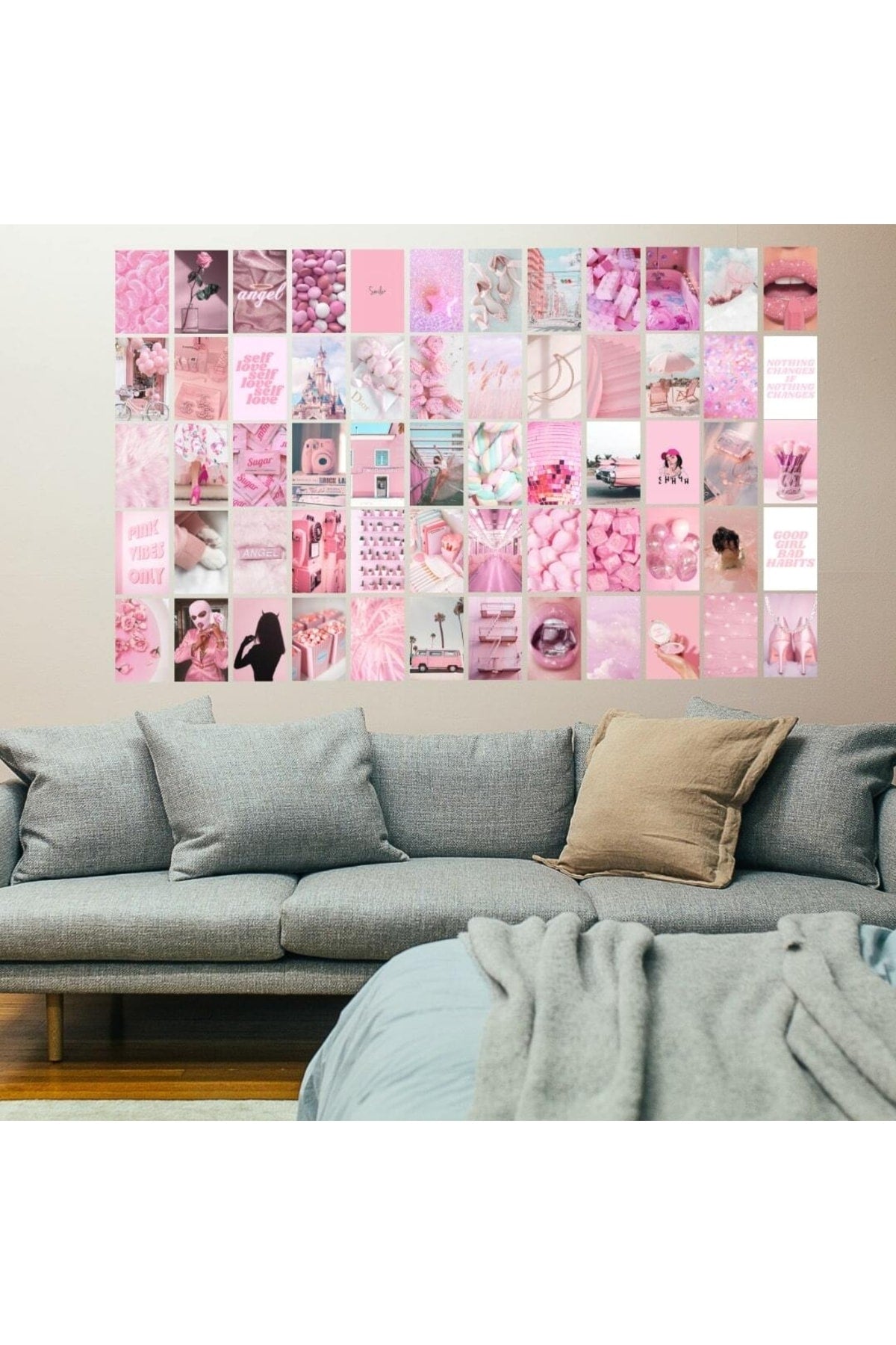 Pembe Duvar Posteri Kolaj Set - 50 Adet Arkası Yapışkanlı Pembe Poster Seti - 10cm*15cm, Kutulu Set