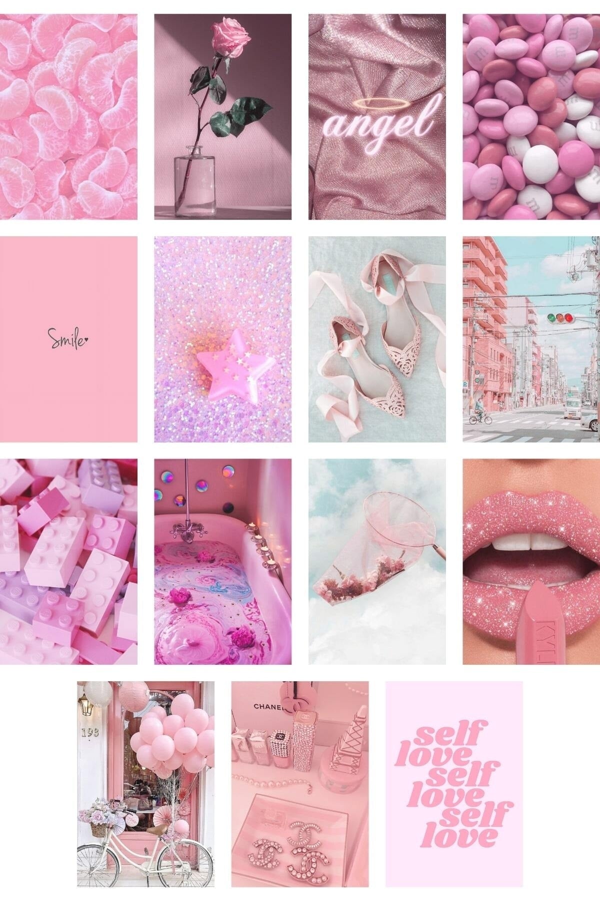 Pembe Duvar Posteri Kolaj Set - 50 Adet Arkası Yapışkanlı Pembe Poster Seti - 10cm*15cm, Kutulu Set