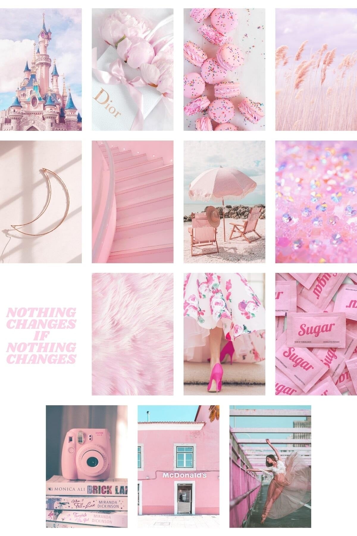 Pembe Duvar Posteri Kolaj Set - 50 Adet Arkası Yapışkanlı Pembe Poster Seti - 10cm*15cm, Kutulu Set