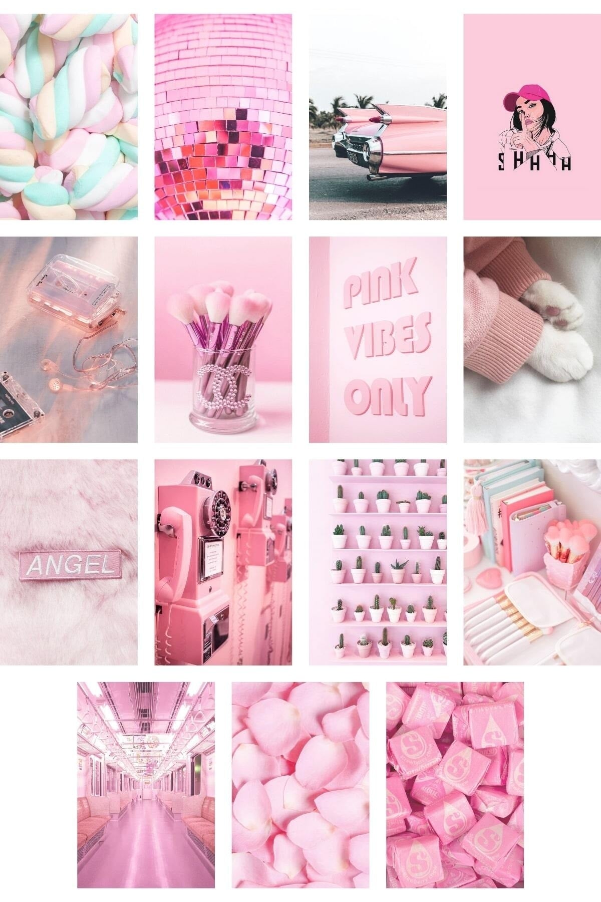Pembe Duvar Posteri Kolaj Set - 50 Adet Arkası Yapışkanlı Pembe Poster Seti - 10cm*15cm, Kutulu Set