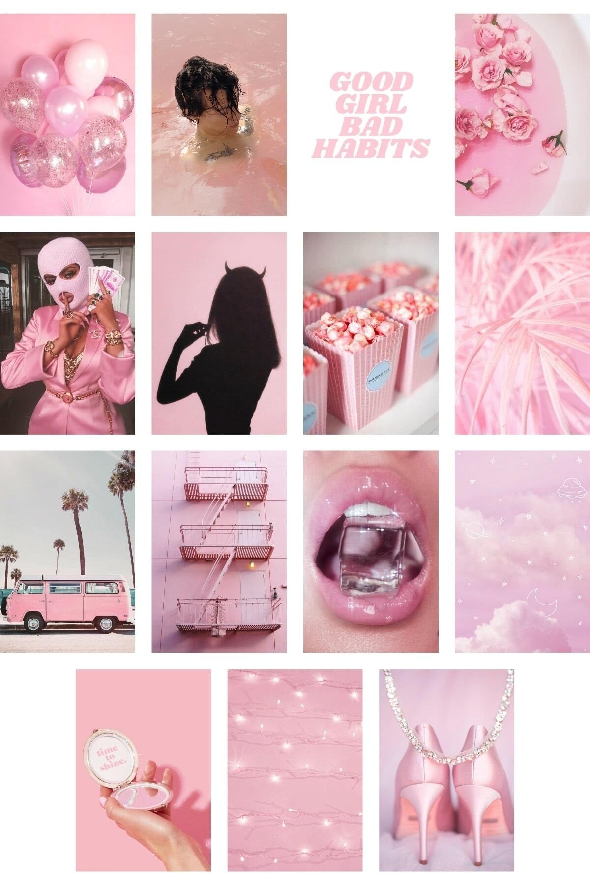 Pembe Duvar Posteri Kolaj Set - 50 Adet Arkası Yapışkanlı Pembe Poster Seti - 10cm*15cm, Kutulu Set