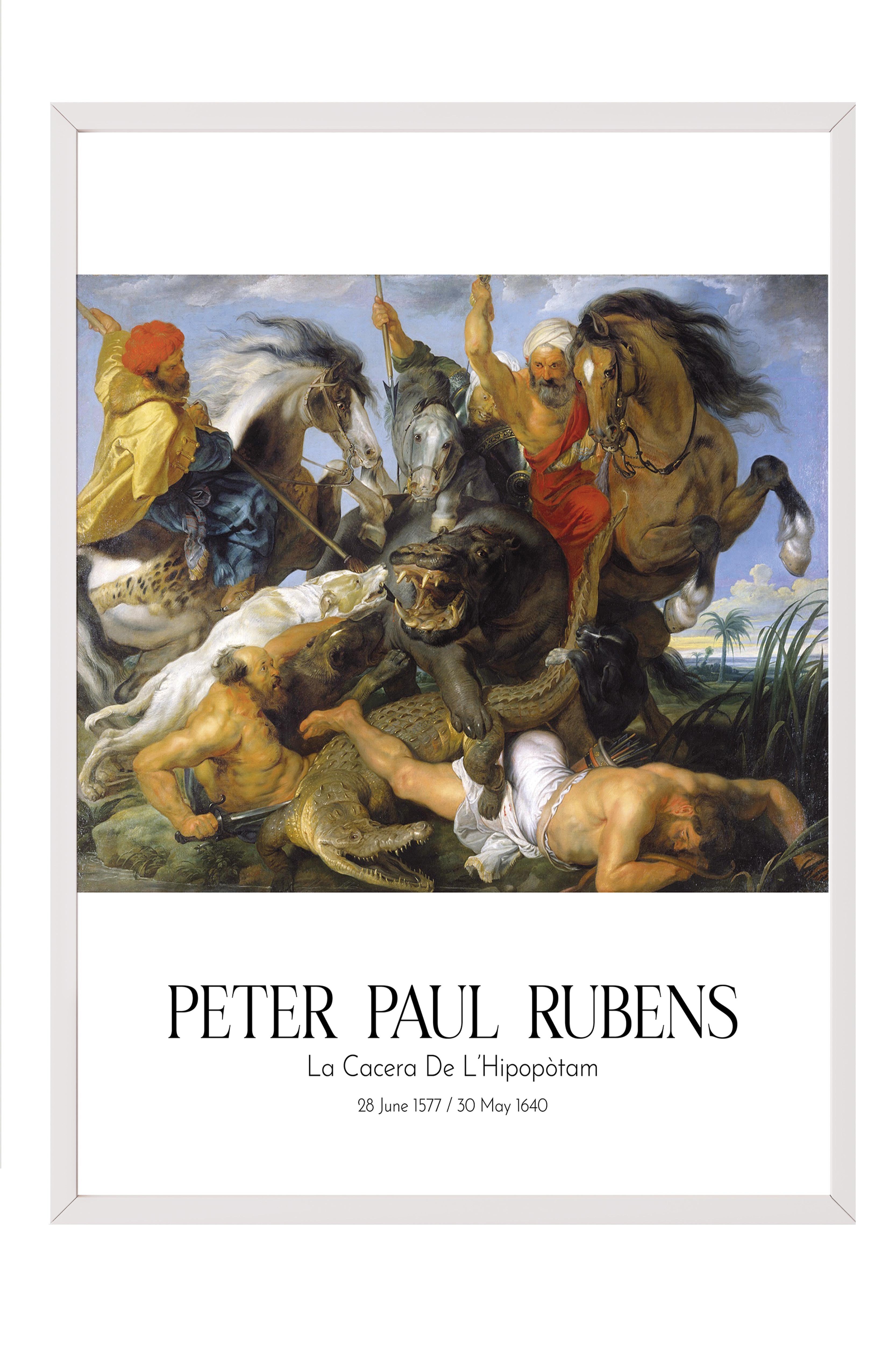 Peter Paul Rubens - La Cacera De L'Hipopòtam, Beyaz Çerçeveli Tablo, Sanat Serisi NO:112321