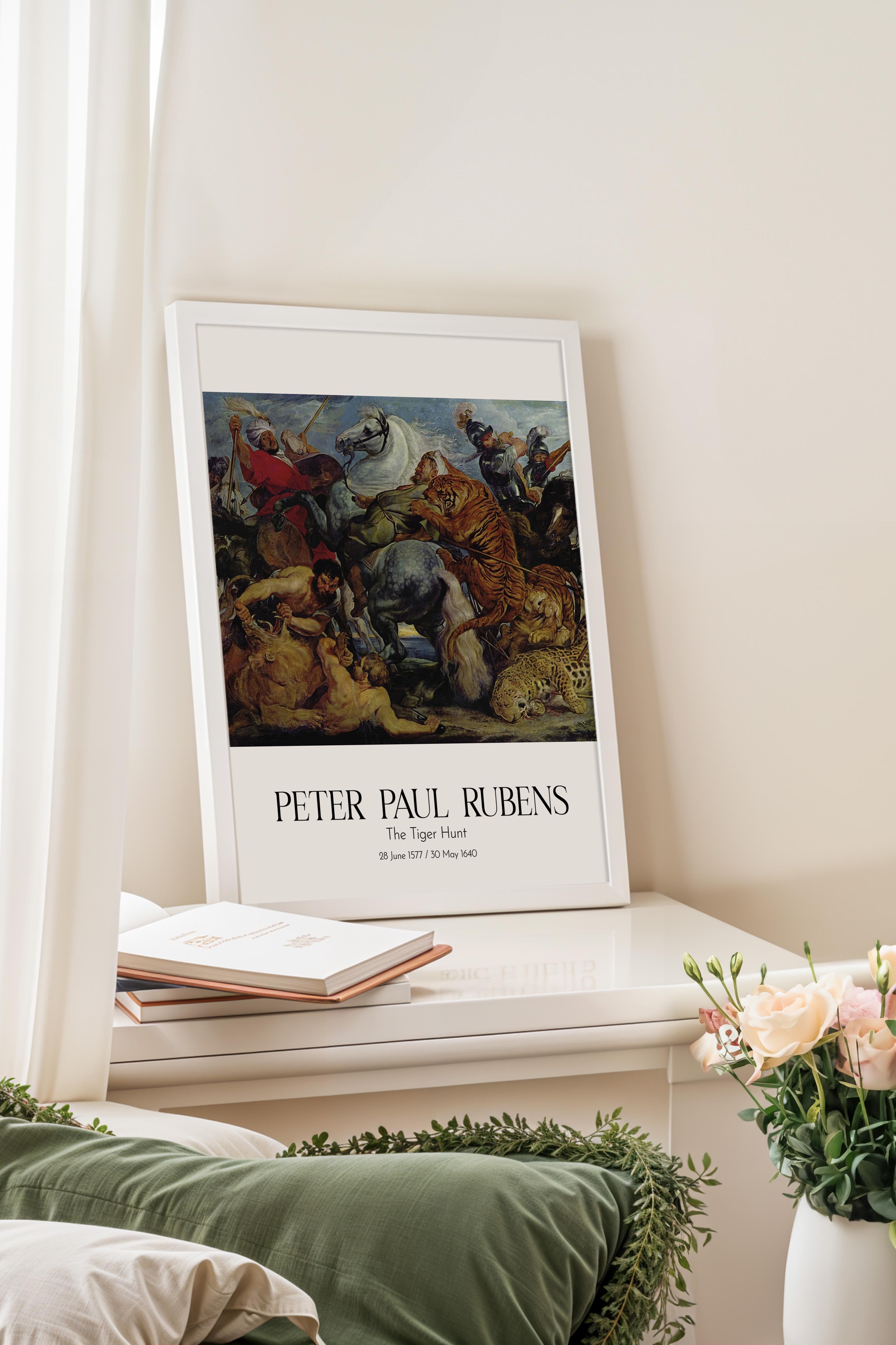 Peter Paul Rubens - The Tiger Hunt, Beyaz Çerçeveli Tablo, Sanat Serisi NO:112337