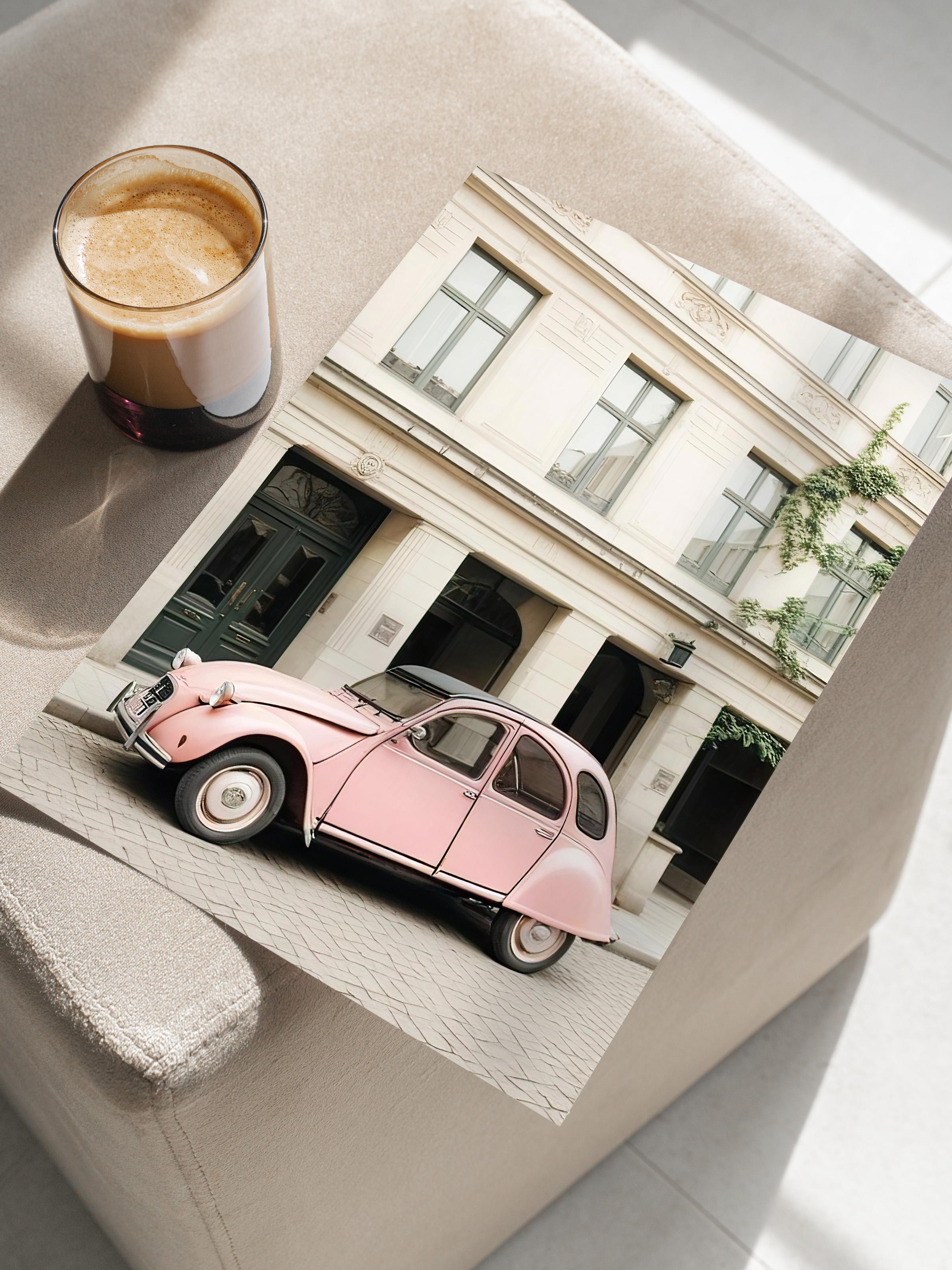 Pink Retro Car Poster, Çerçevesiz Duvar Posteri, Dikey Duvar Tablosu Comfort Serisi NO:108386