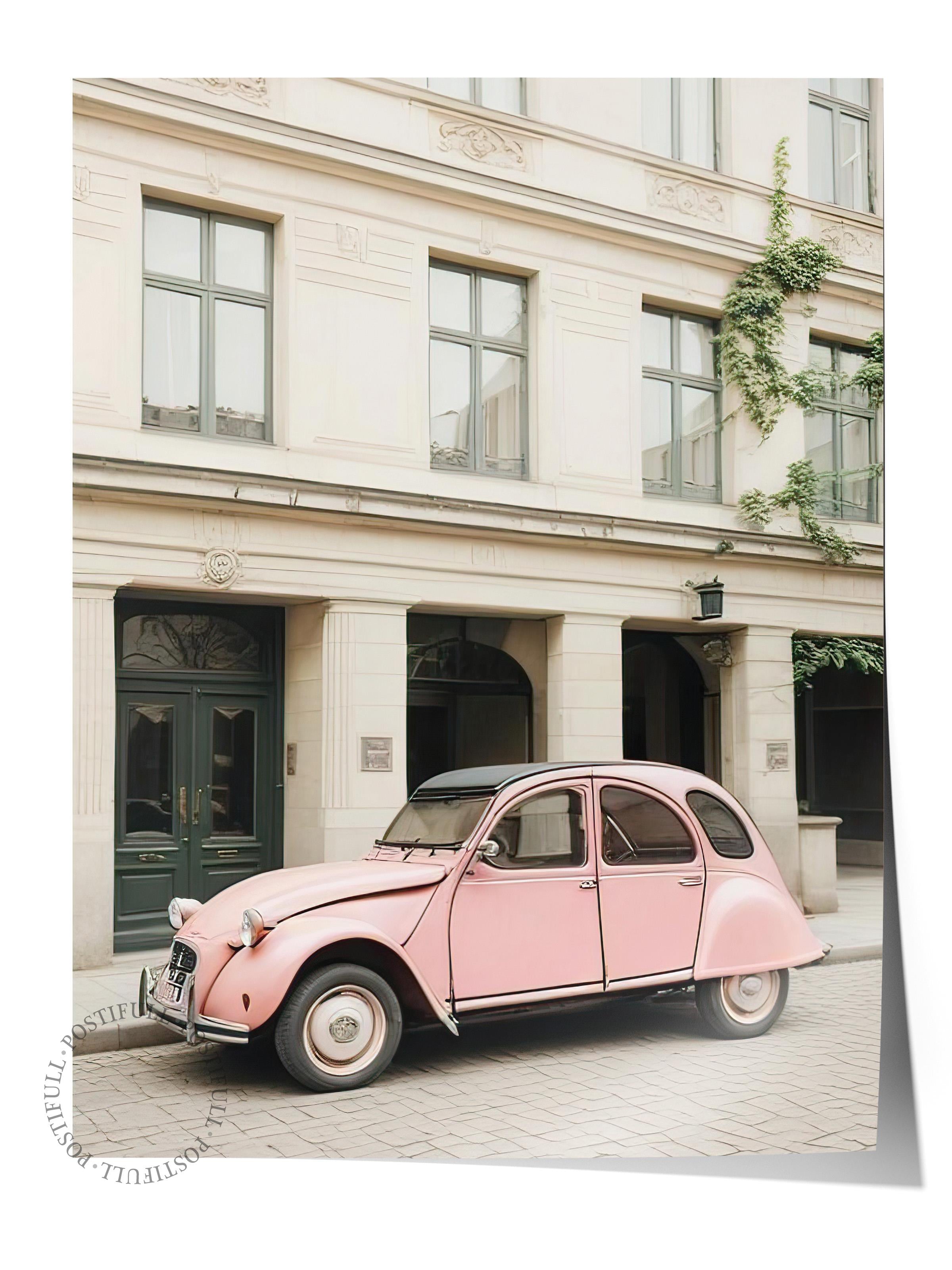 Pink Retro Car Poster, Çerçevesiz Duvar Posteri, Dikey Duvar Tablosu Comfort Serisi NO:108386