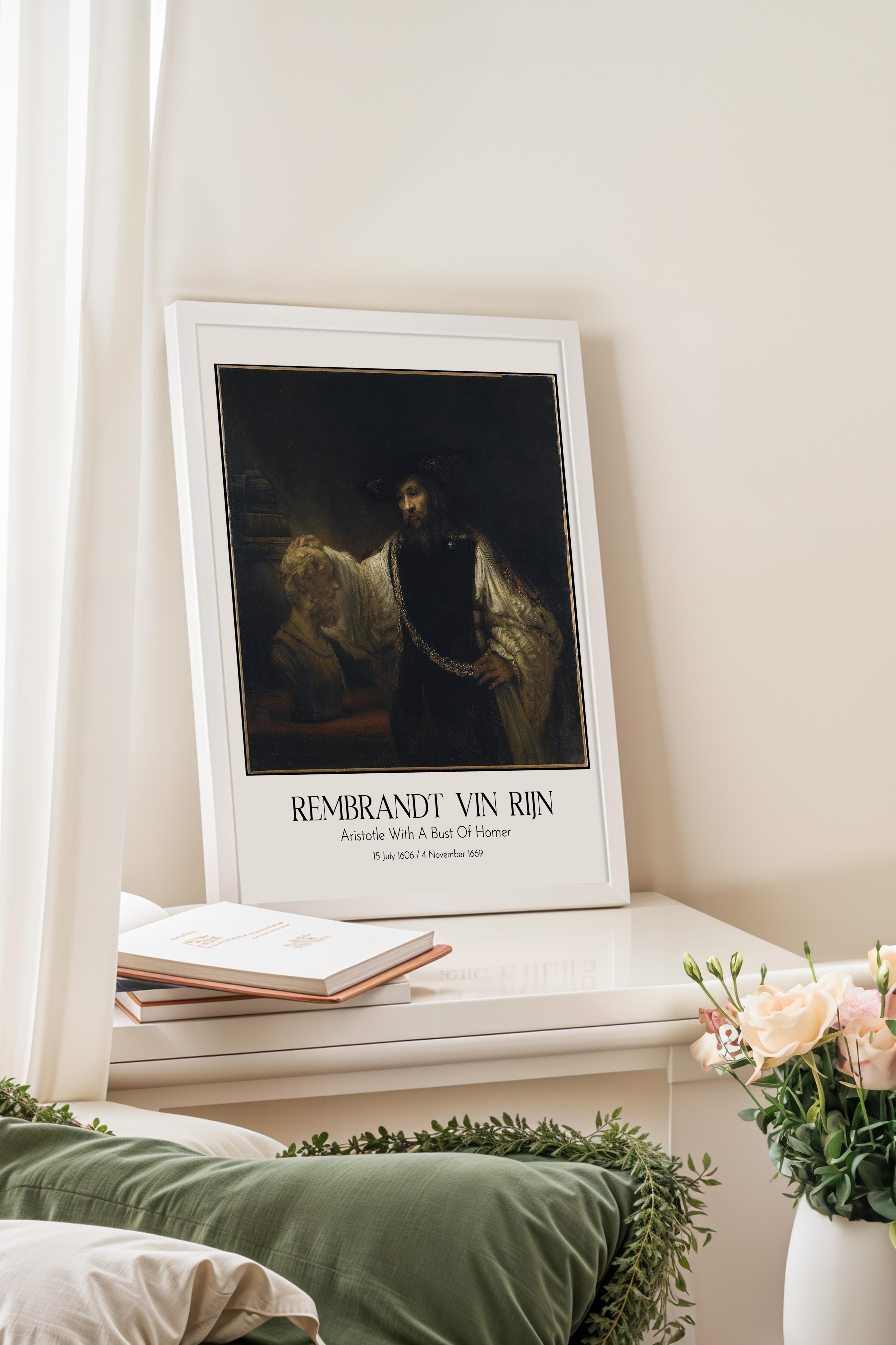 Rembrandt Vin Rijn - Aristotle With A Bust Of Homer, Beyaz Çerçeveli Tablo, Sanat Serisi NO:112384