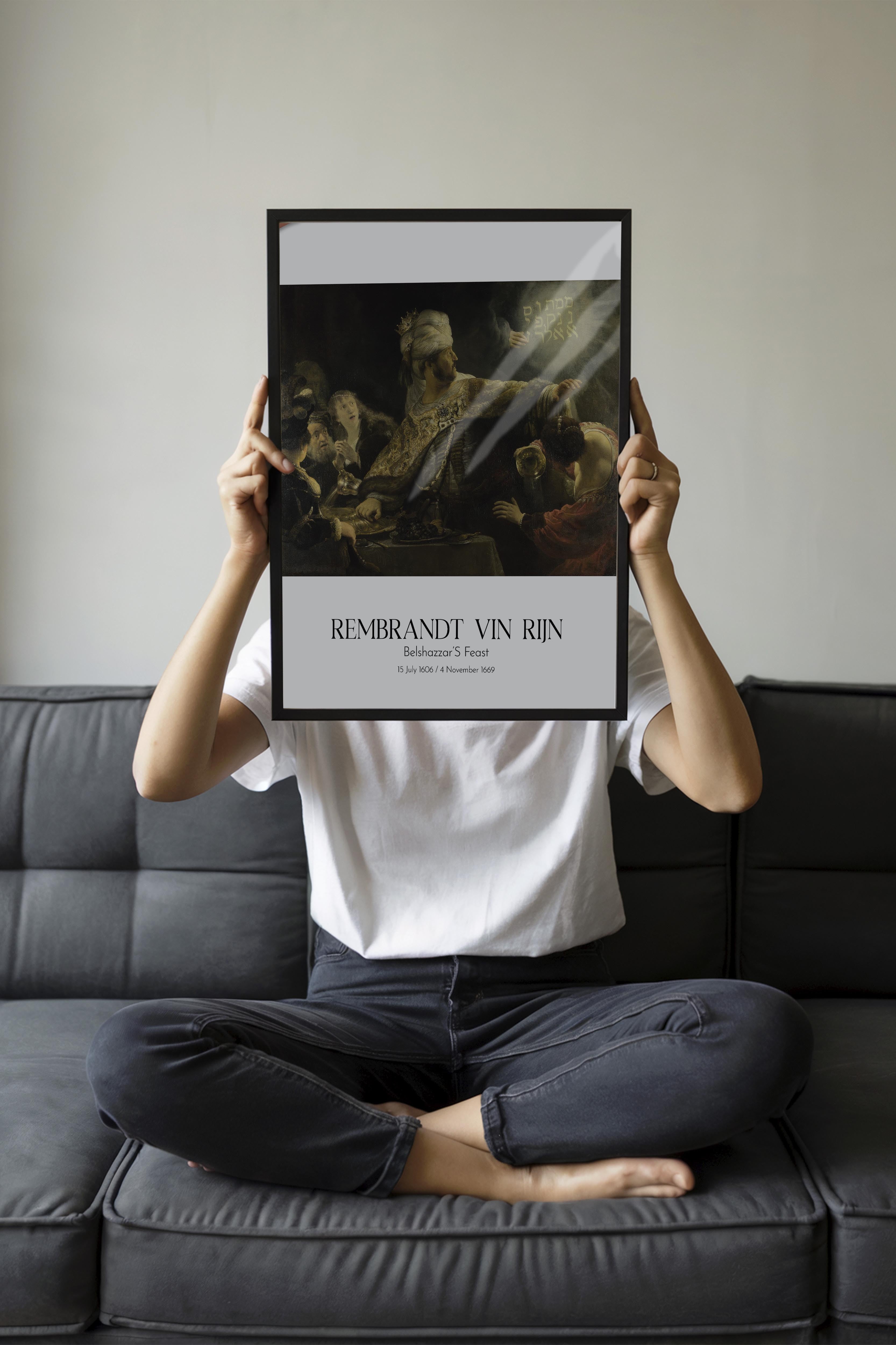 Rembrandt Vin Rijn - Belshazzar'S Feast, Siyah Çerçeveli Tablo, Sanat Serisi NO:112386