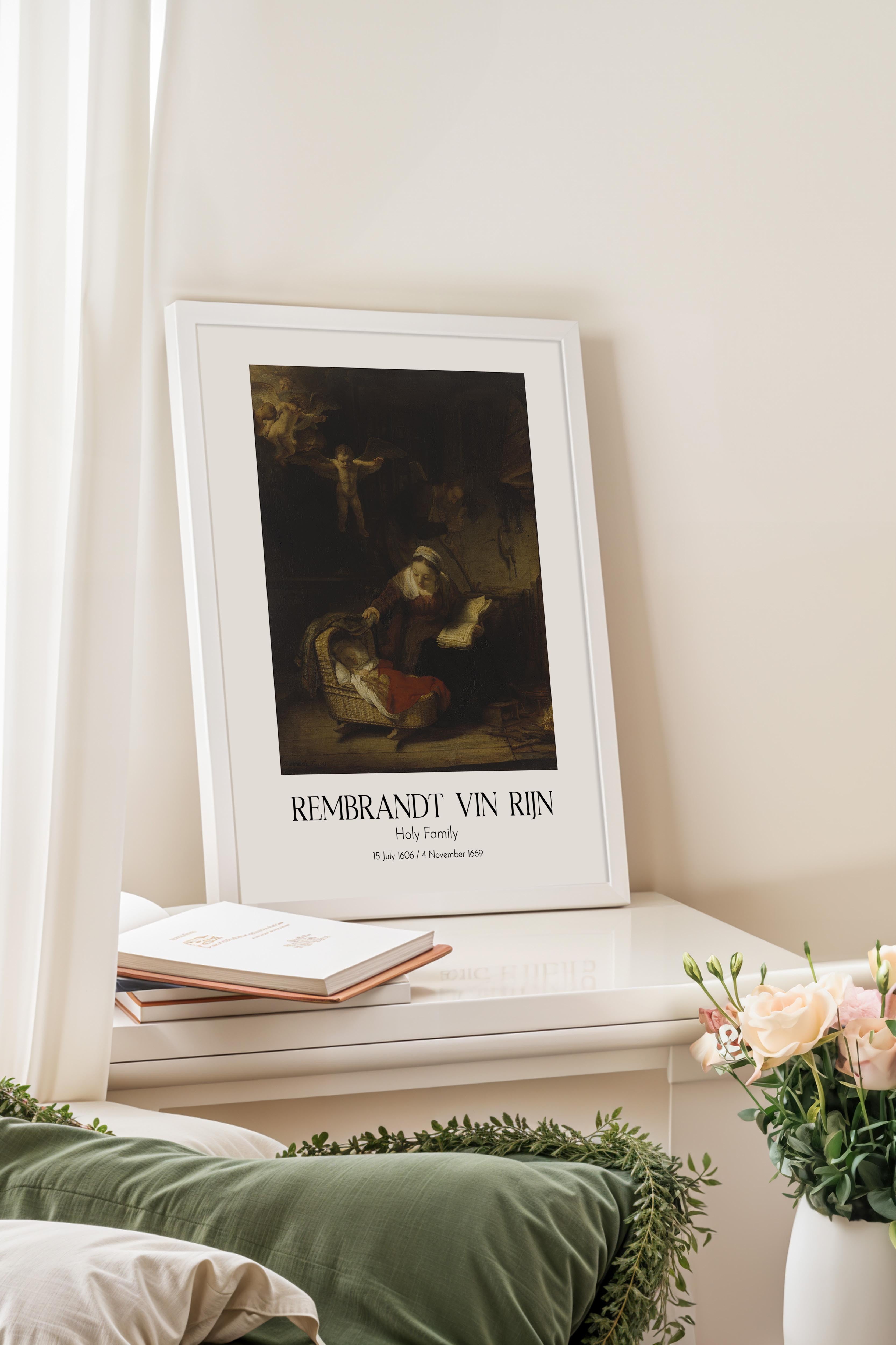 Rembrandt Vin Rijn - Holy Family, Beyaz Çerçeveli Tablo, Sanat Serisi NO:112394