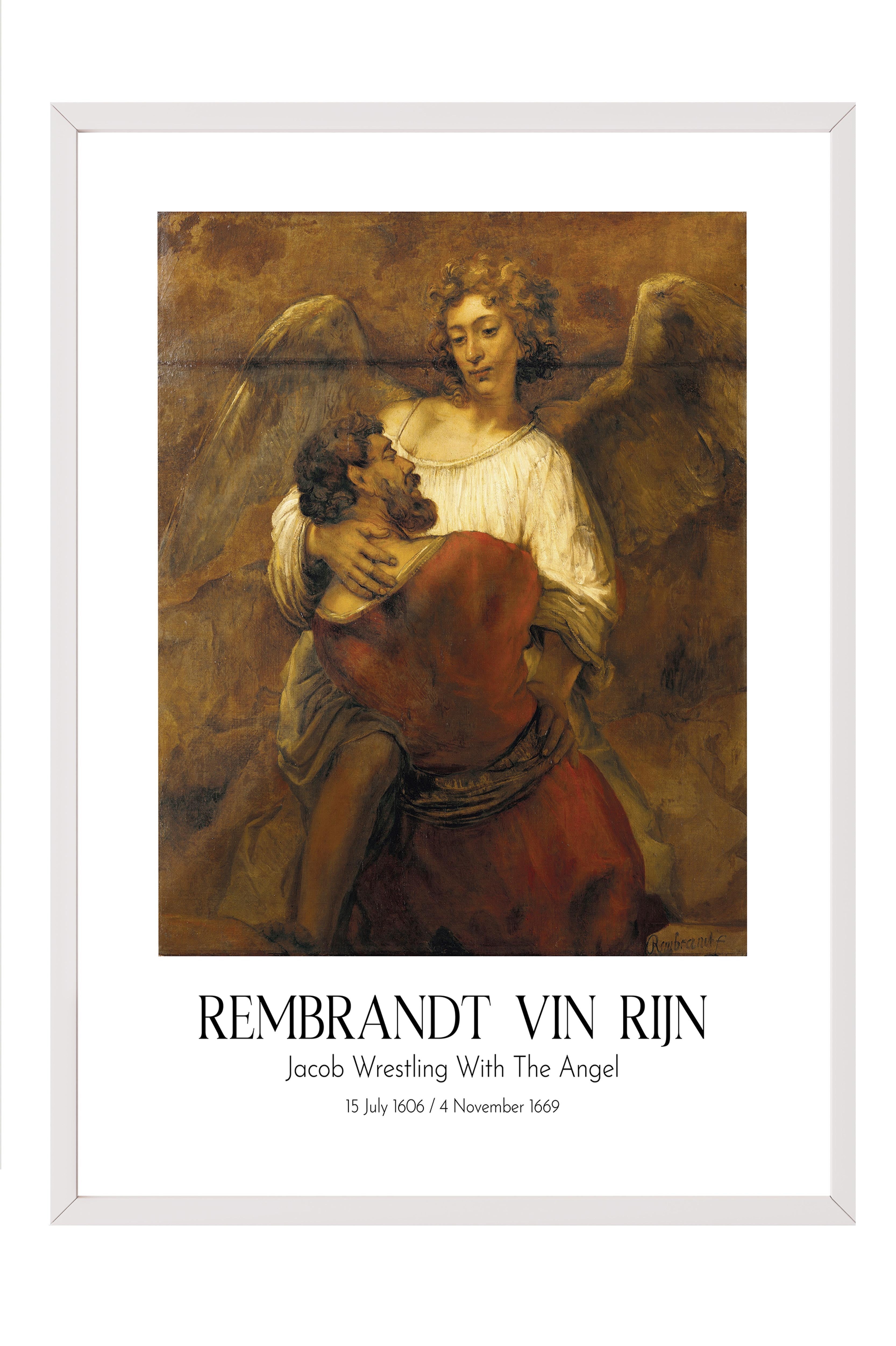 Rembrandt Vin Rijn - Jacob Wrestling With The Angel, Beyaz Çerçeveli Tablo, Sanat Serisi NO:112395