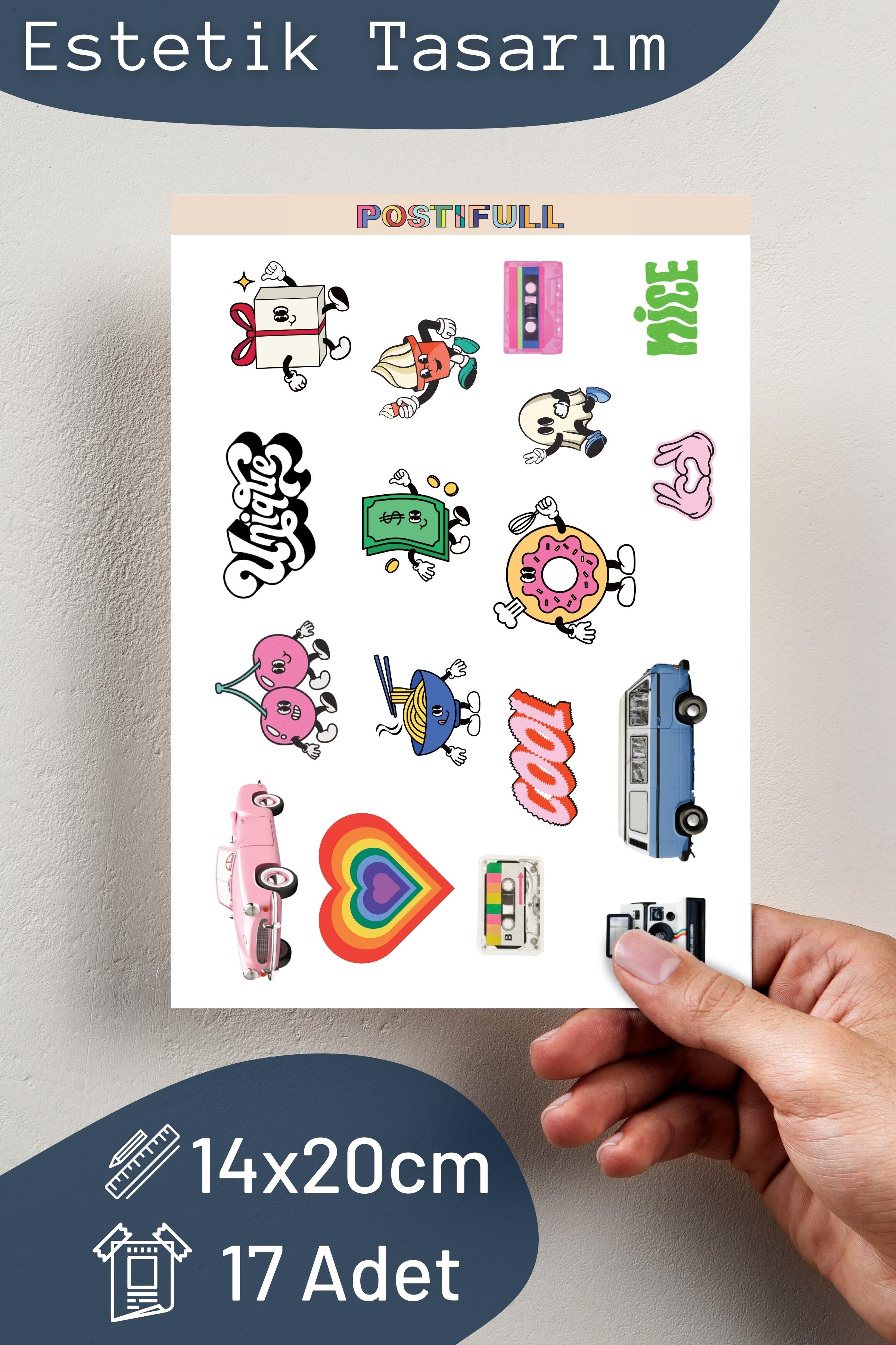 Rengarenk Etiket Seti, Büyük Boy, 17 Adet Su Geçirmez, Sticker Seti, Laptop, Telefon, Valiz Uyumlu