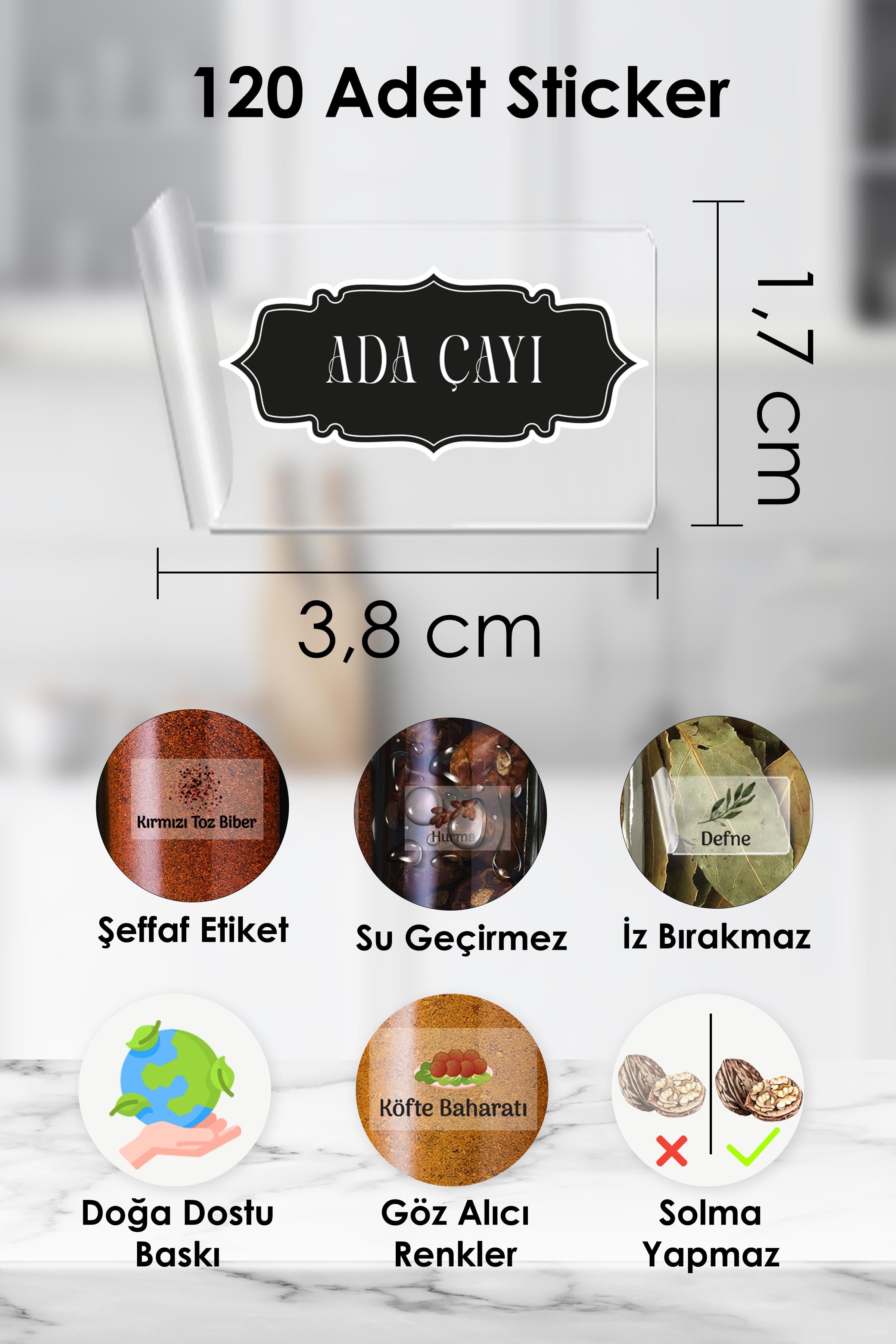 Renkli Kavanoz Etiketi, 120 Adet Baharatlık Etiketi, Vintage Tema, Siyah, Su Geçirmez, Kalın
