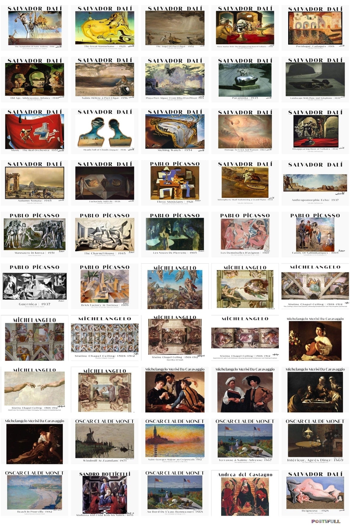 Ressamlar Kolaj Seti, Sanatsal Poster Kartları, Bant Hediyeli - 50 Adet 10*15cm Duvar Posterleri