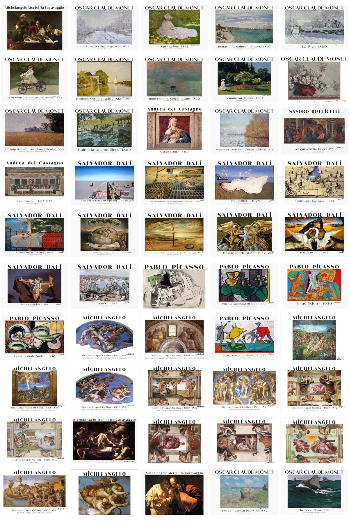 Ressamlar Kolaj Seti, Sanatsal Poster Kartları, Bant Hediyeli - 50 Adet 10*15cm Duvar Posterleri