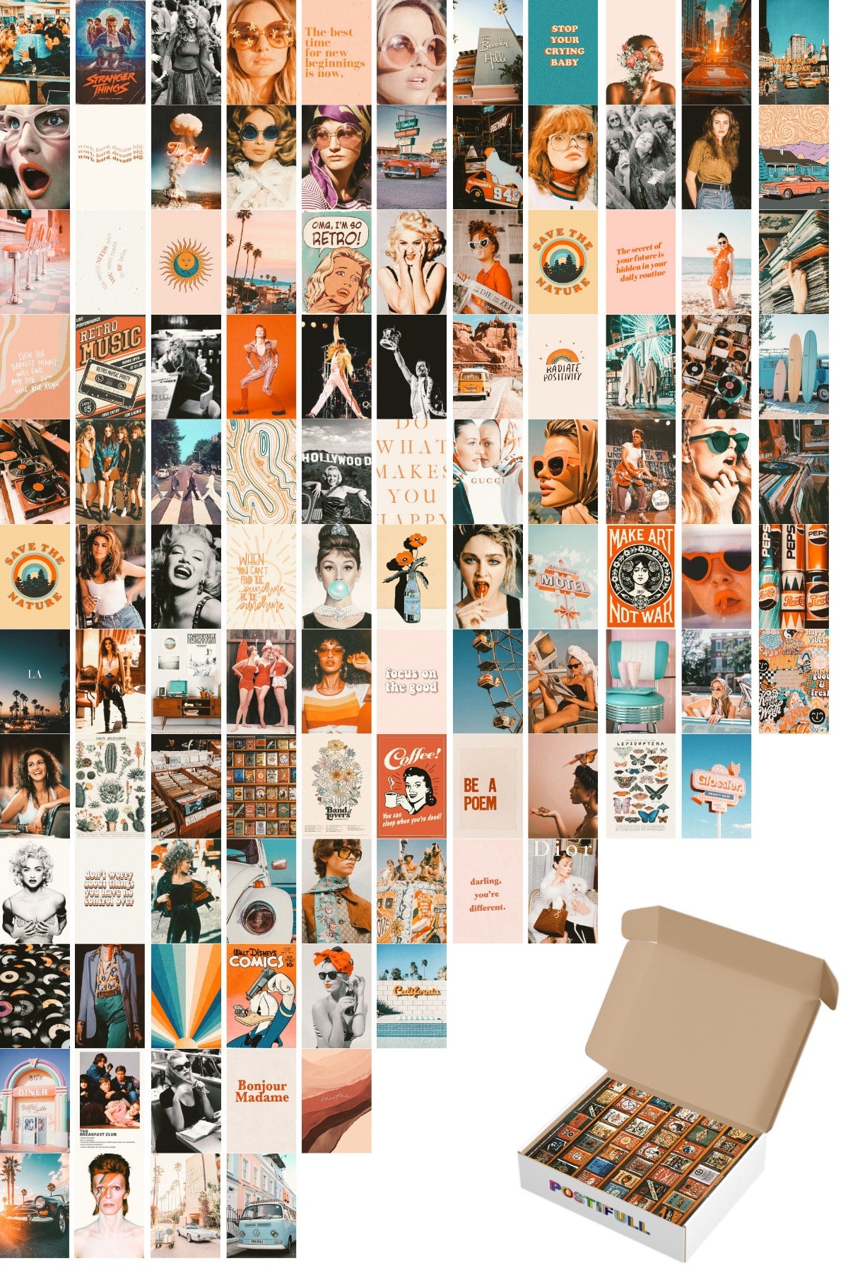 Retro Duvar Poster Seti, Arkası Yapışkanlı Poster Kolaj Seti, 110 Adet, Vintage Poster Seti