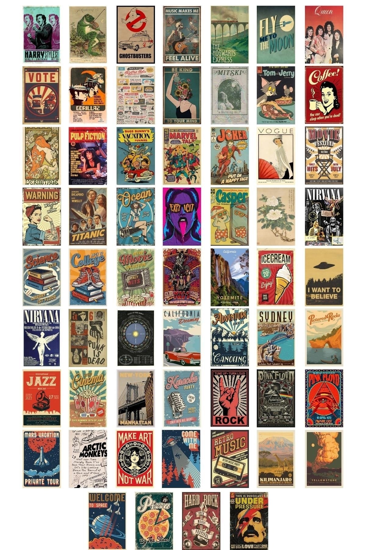 Retro Poster Seti - Kolaj Seti - Oda Dekoru - Duvar Posteri - Yapışkanlı - Duvar Dekoru - 60 Adet