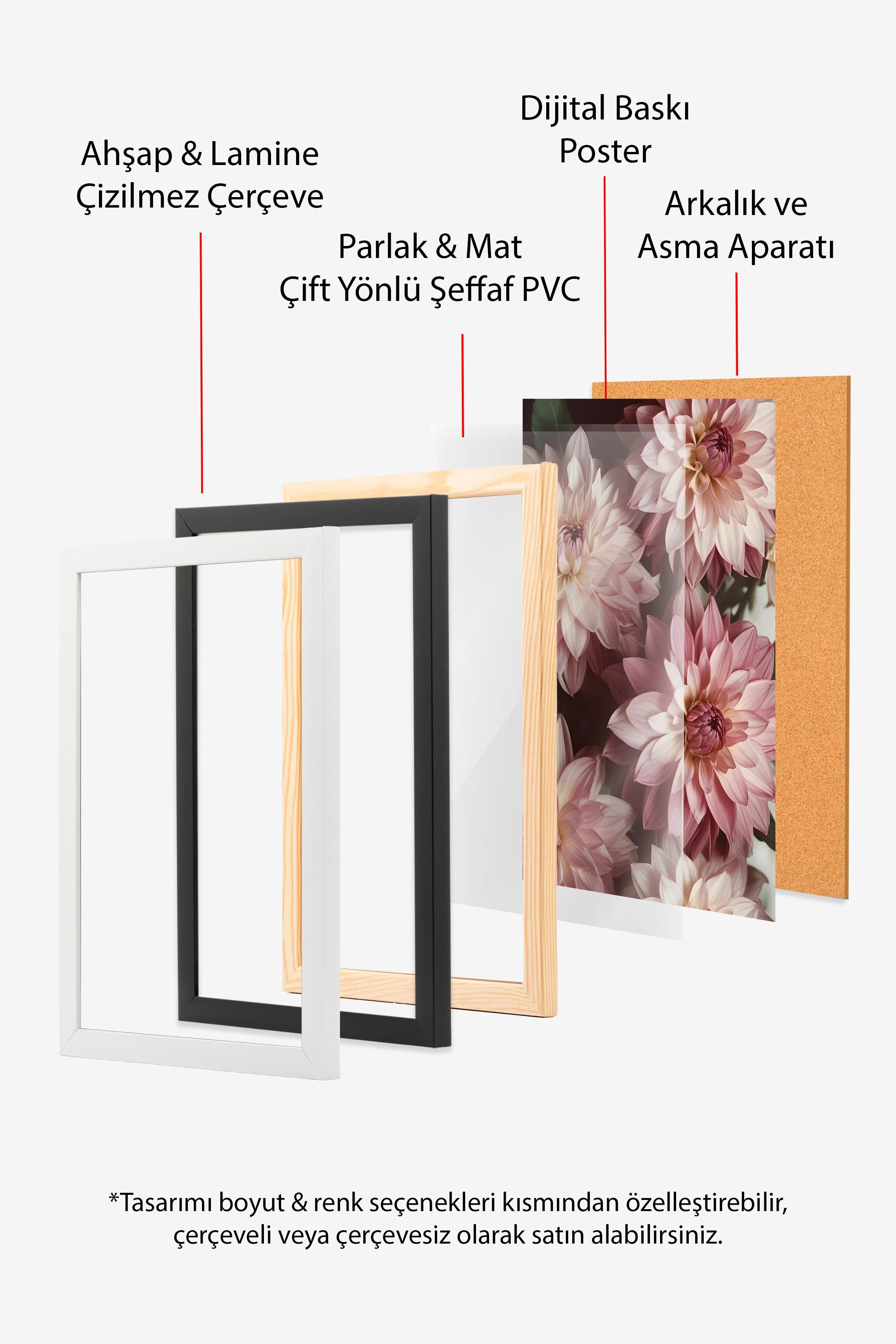 Romantic Dahlias Çerçeveli Tablo, Beyaz Çerçeve ve Poster, Duvar Tablosu Comfort Serisi NO:108533