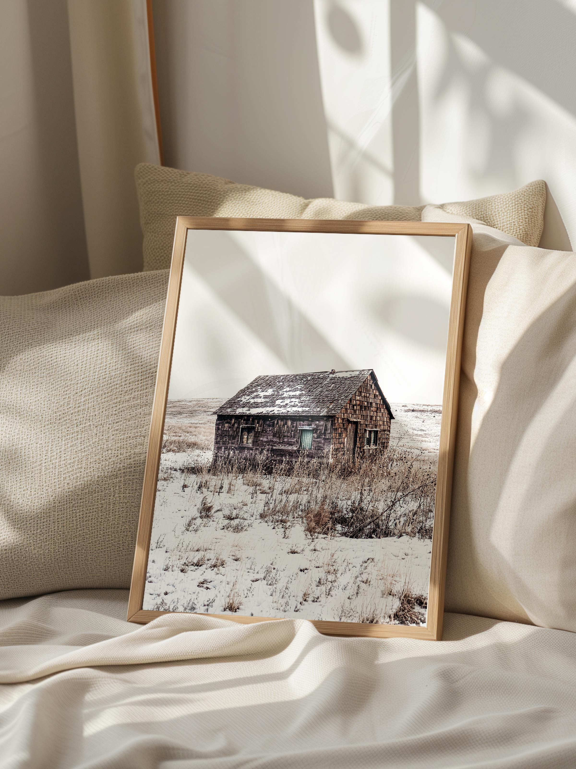 Rustic Çerçevesiz Poster, İskandinav Beyaz Poster, NO:269 Ahşap Ev ve Kar Fotoğraf, Dikey