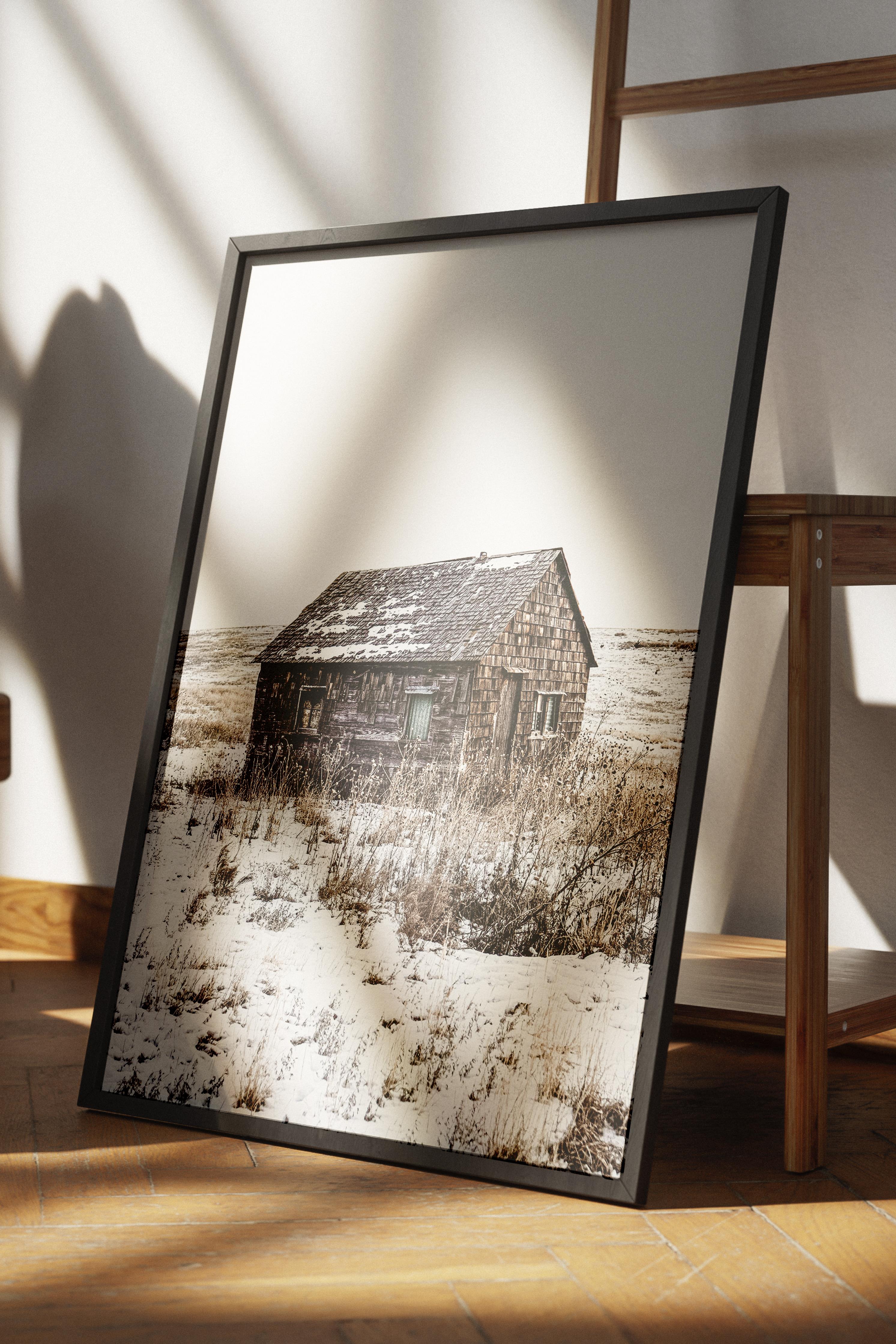 Rustic Çerçevesiz Poster, İskandinav Beyaz Poster, NO:269 Ahşap Ev ve Kar Fotoğraf, Dikey