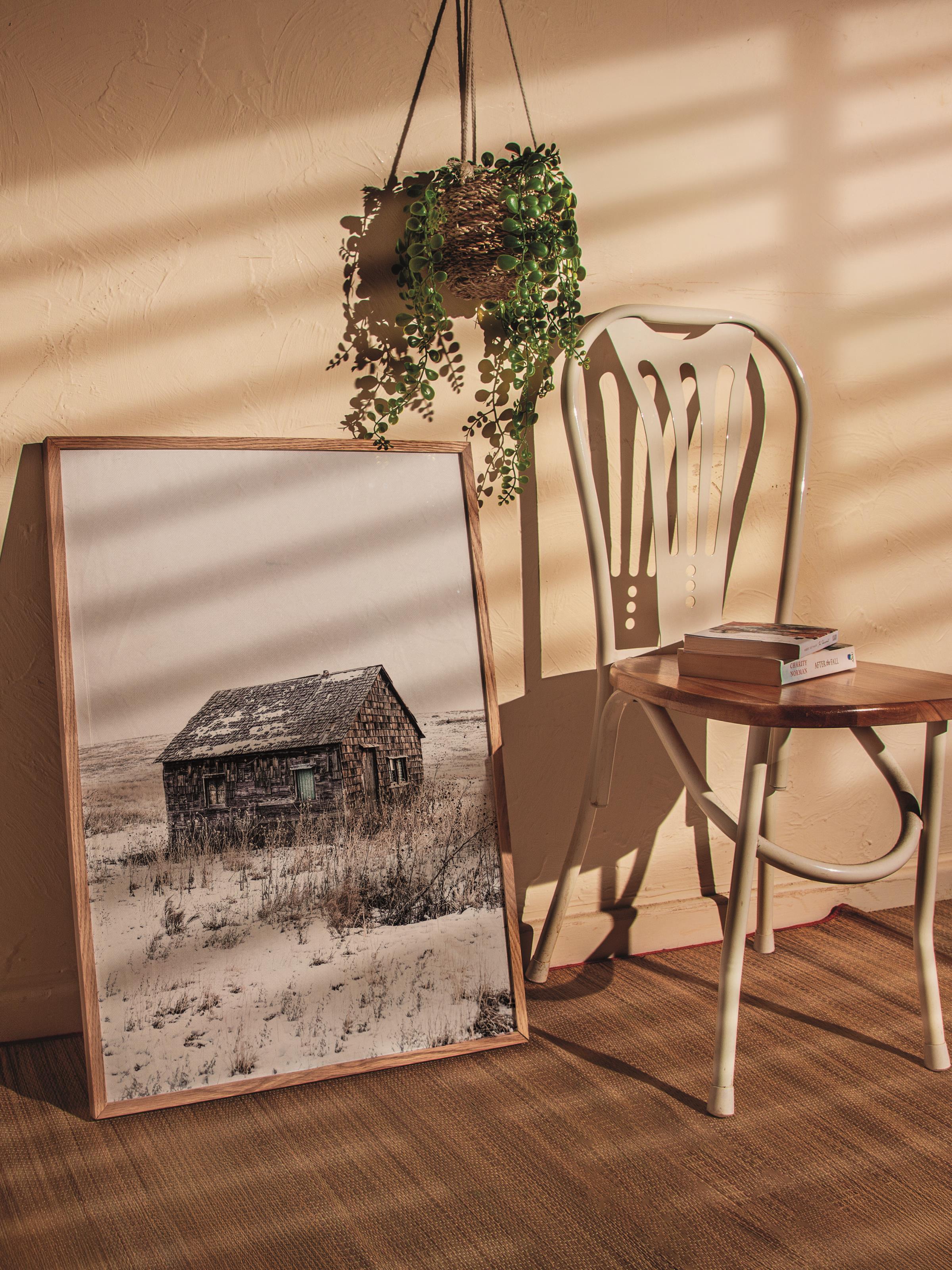 Rustic Çerçevesiz Poster, İskandinav Beyaz Poster, NO:269 Ahşap Ev ve Kar Fotoğraf, Dikey