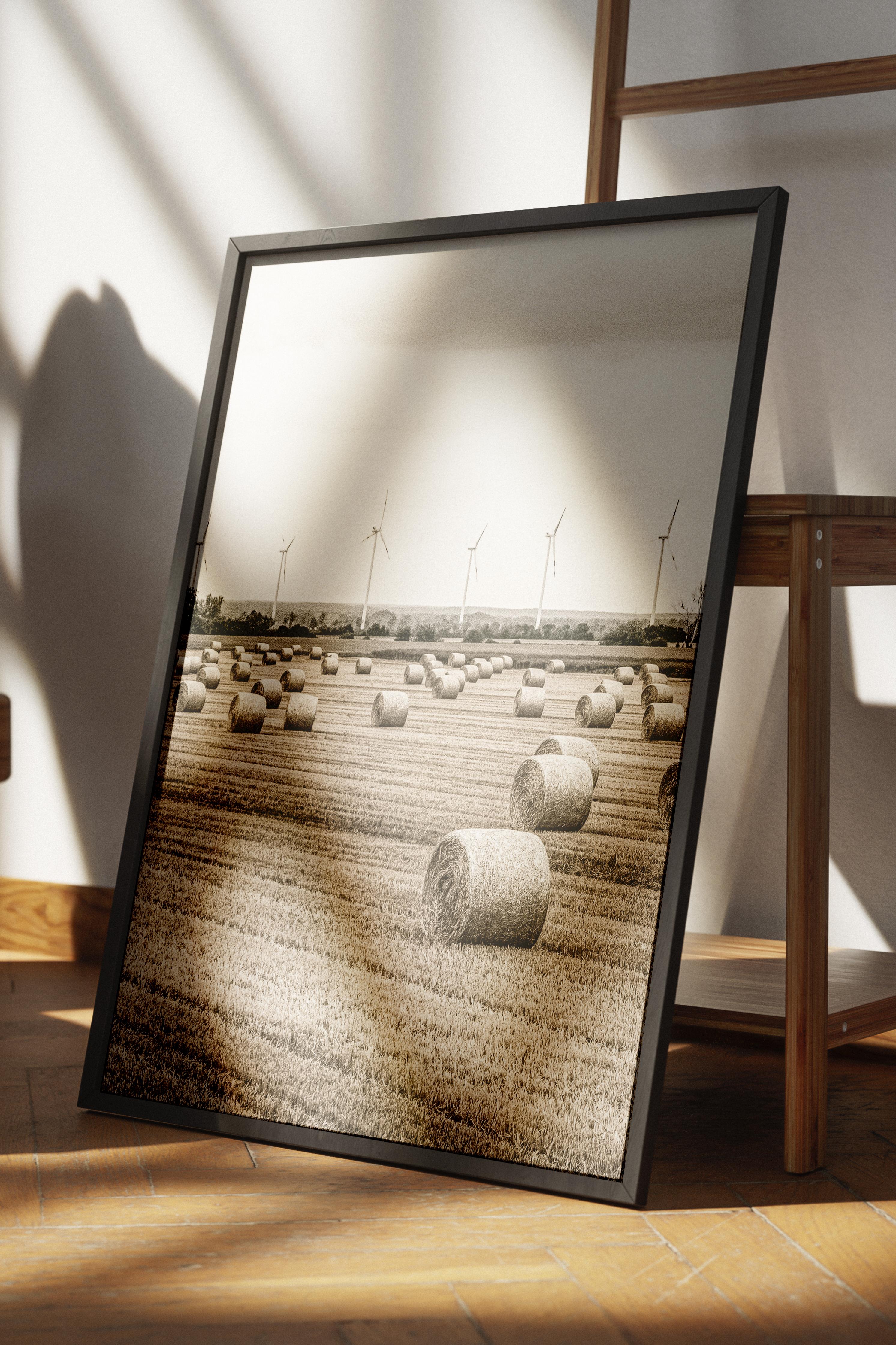 Rustic Çerçevesiz Poster, İskandinav Beyaz Poster, NO:315 Tarlalar ve Rüzgar Türbinleri Fotoğraf, Dikey