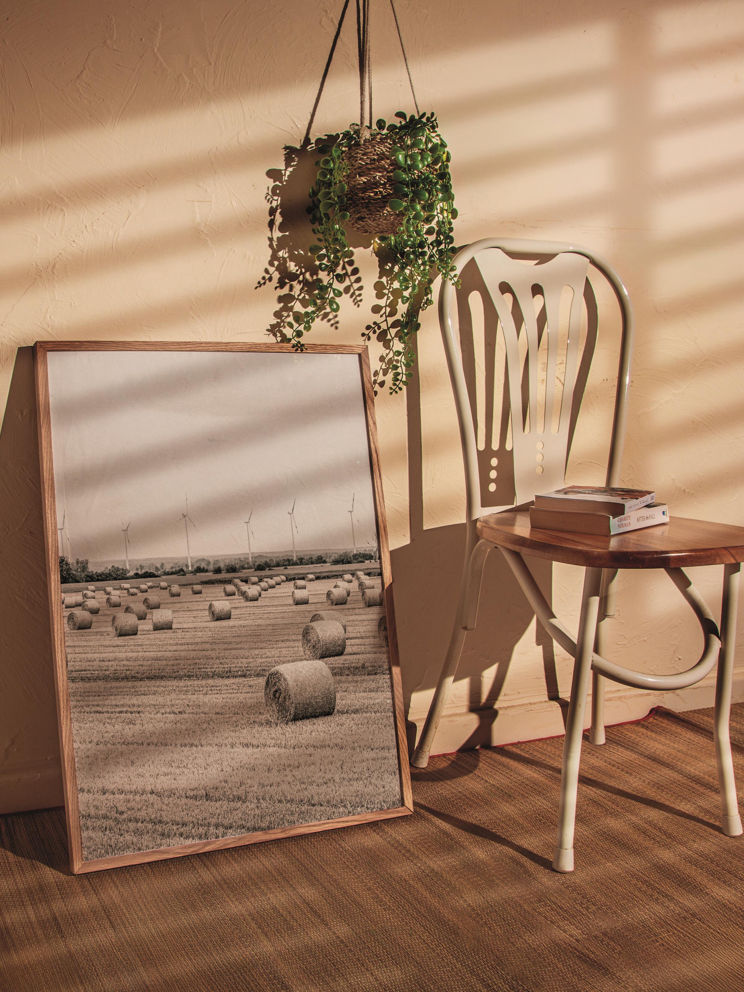 Rustic Çerçevesiz Poster, İskandinav Beyaz Poster, NO:315 Tarlalar ve Rüzgar Türbinleri Fotoğraf, Dikey