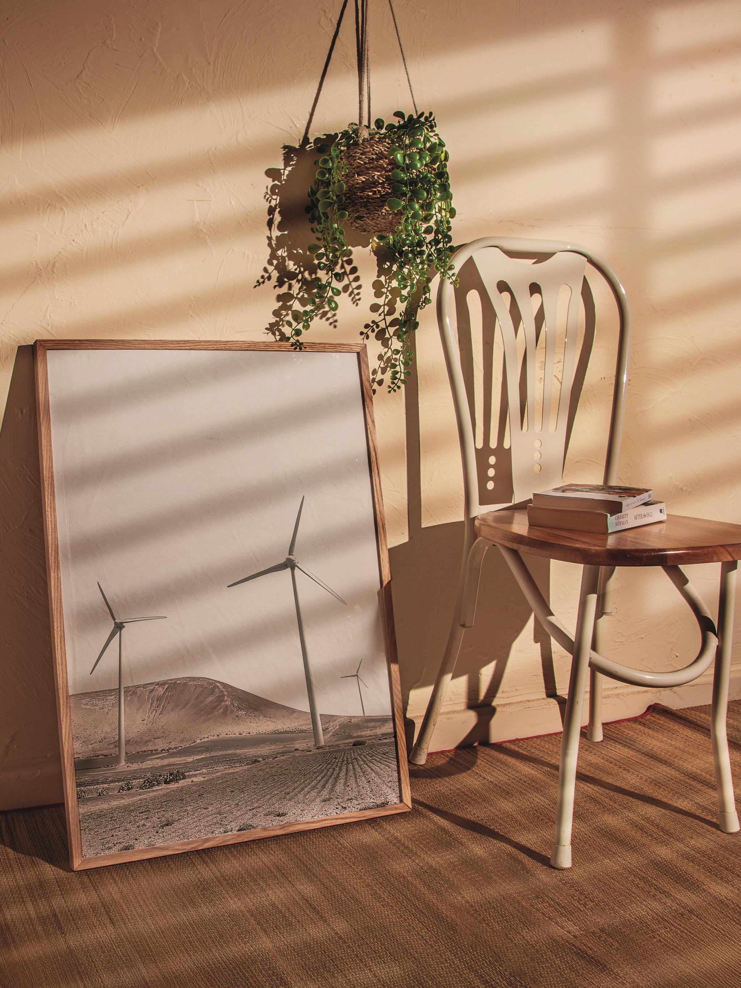 Rustic Çerçevesiz Poster, İskandinav Beyaz Poster, NO:370 Rüzgar Türbini Fotoğraf, Dikey