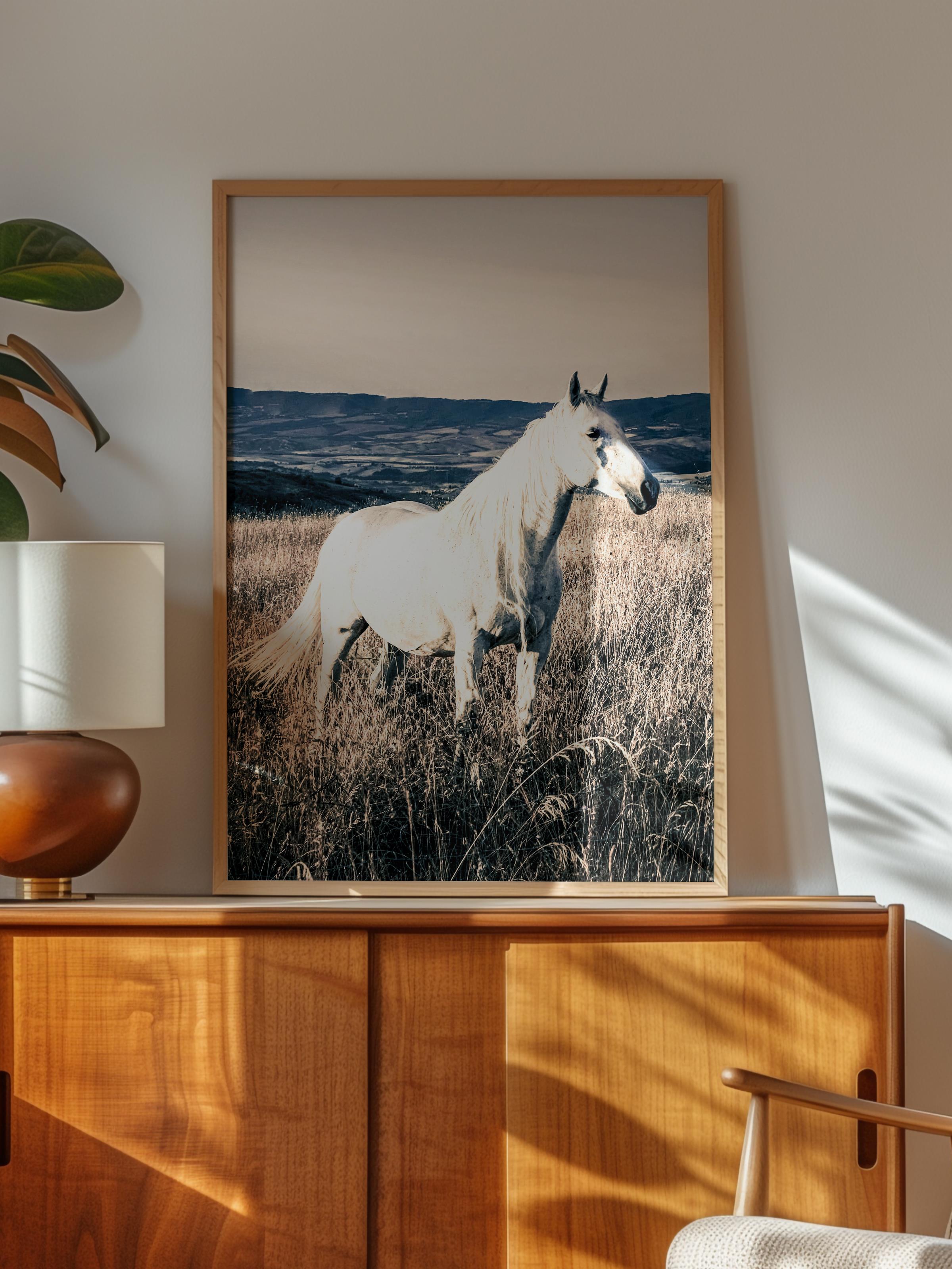 Rustic Çerçevesiz Poster, İskandinav Beyaz Poster, NO:387 Beyaz At Fotoğraf, Dikey