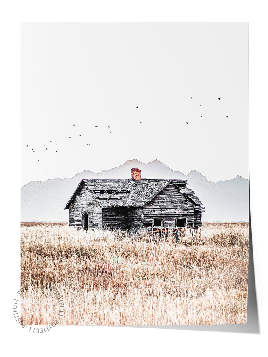 Issız Ev ve Dağ Manzarası Rustic Çerçevesiz Poster