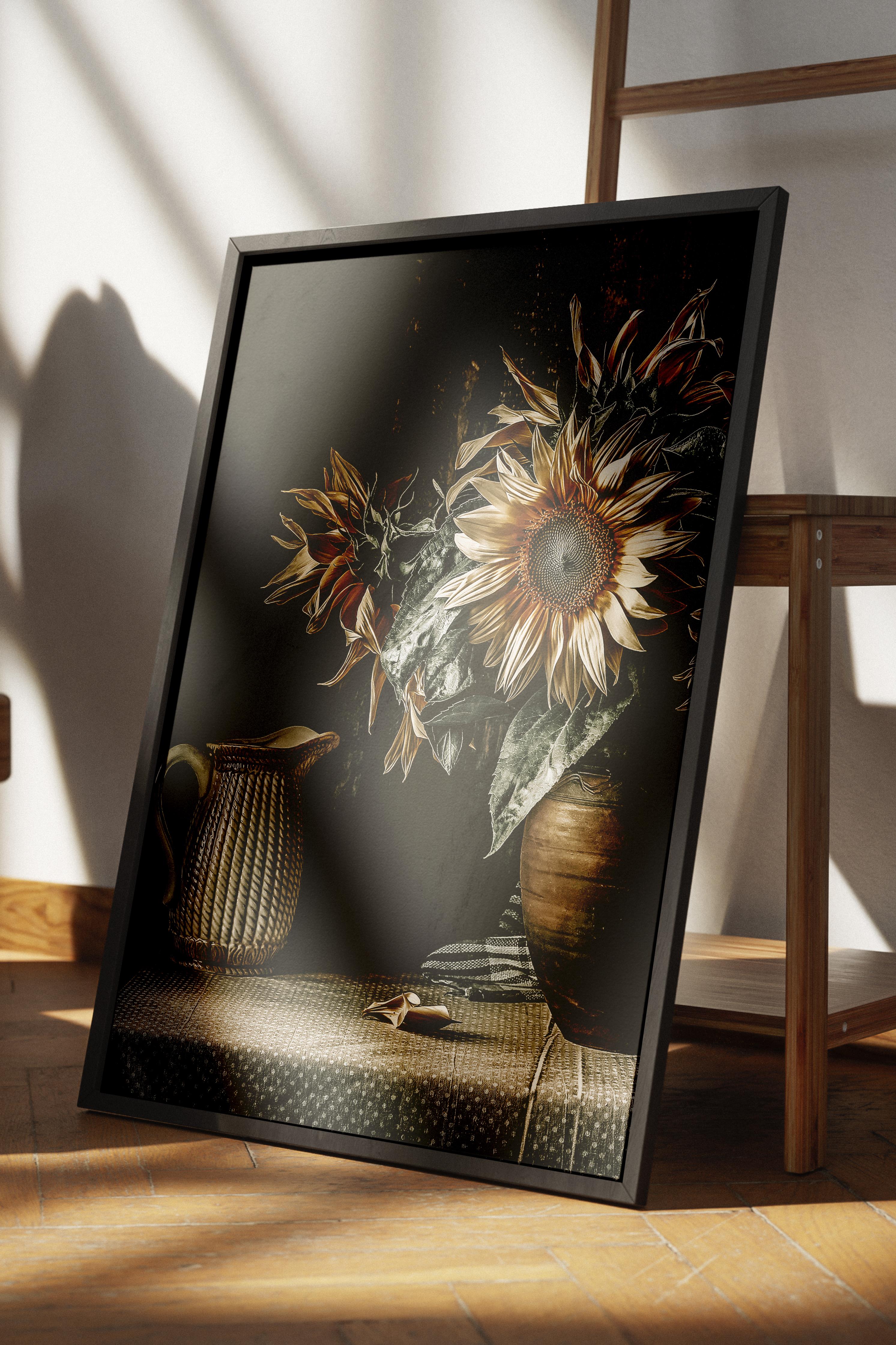 Rustic Çerçevesiz Poster, İskandinav Kahverengi Poster, NO:106 Ayçiçekleri ve Vazolar Fotoğraf, Dikey