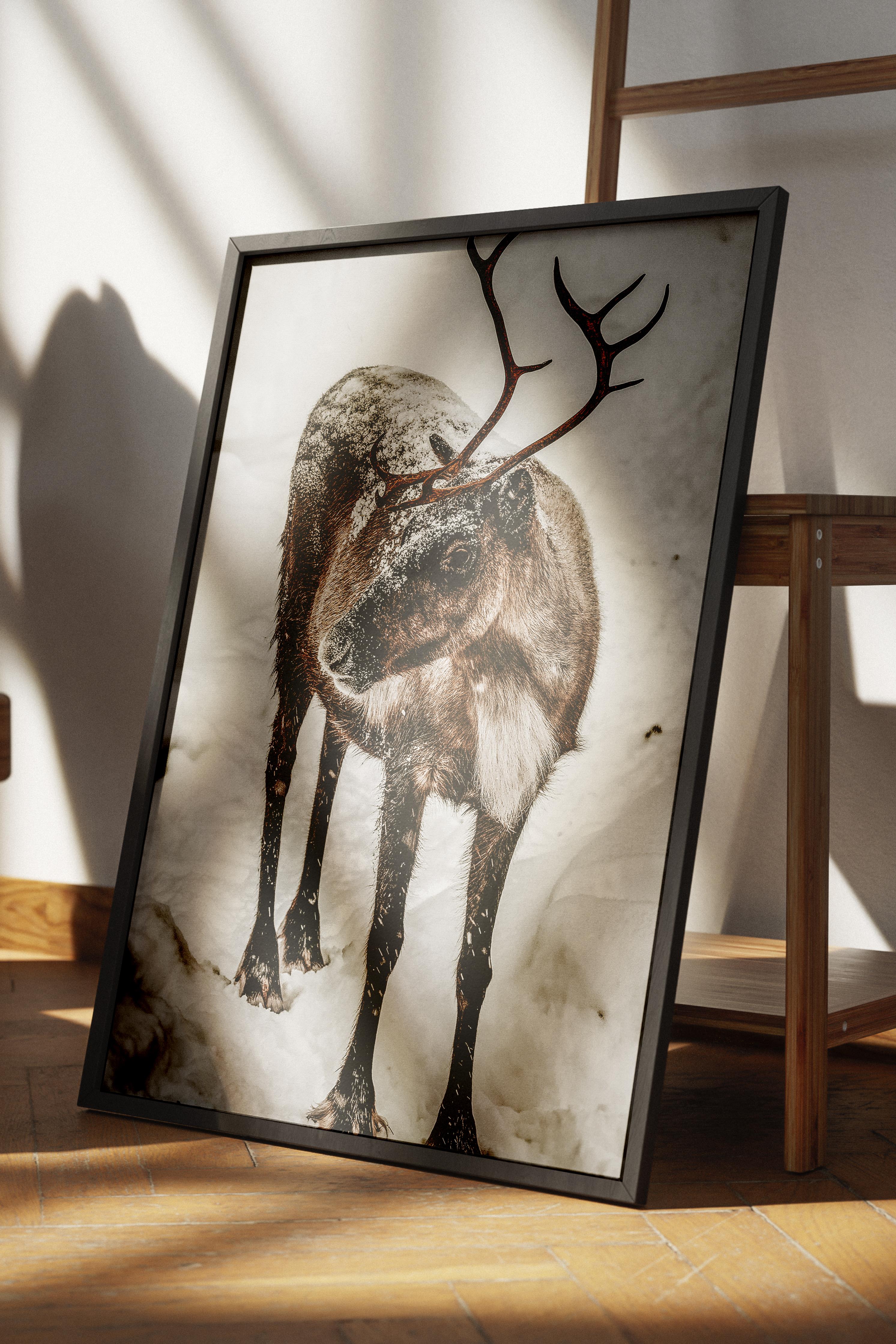 Rustic Çerçevesiz Poster, İskandinav Kahverengi Poster, NO:113 Ren Geyiği Fotoğraf, Dikey