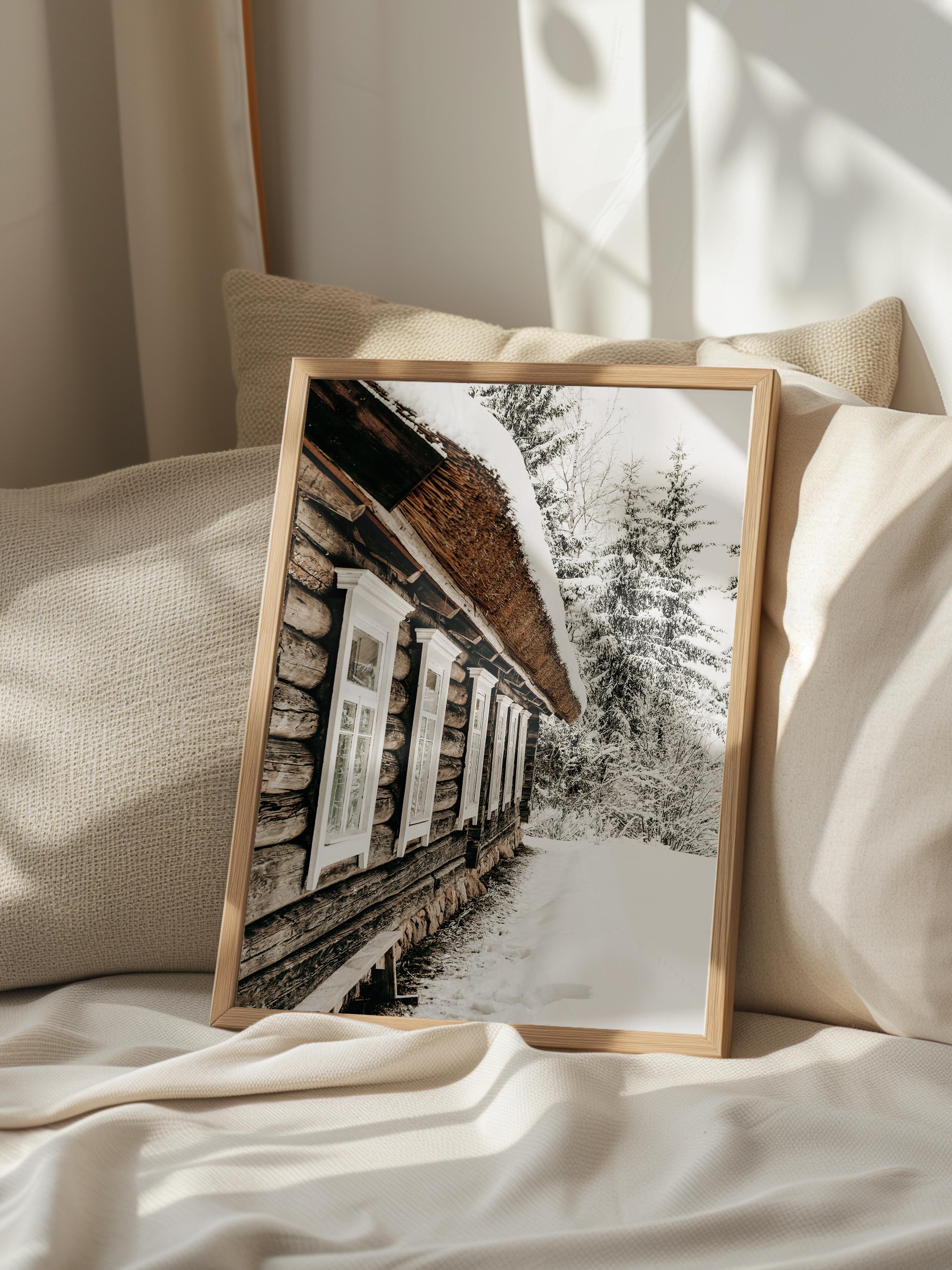 Rustic Çerçevesiz Poster, İskandinav Kahverengi Poster, NO:116 Ahşap Kulübe ve Kar Fotoğraf, Dikey