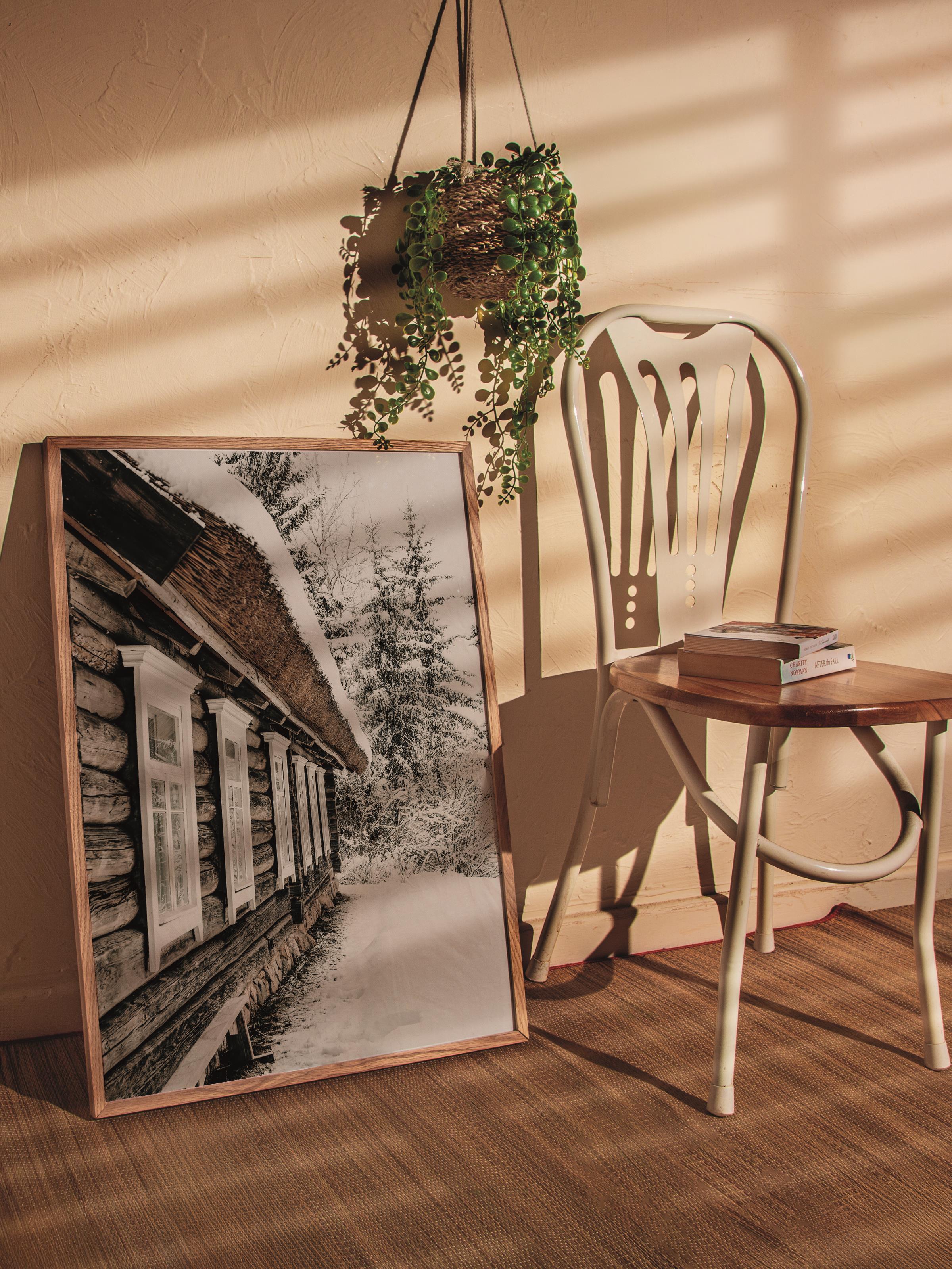 Rustic Çerçevesiz Poster, İskandinav Kahverengi Poster, NO:116 Ahşap Kulübe ve Kar Fotoğraf, Dikey
