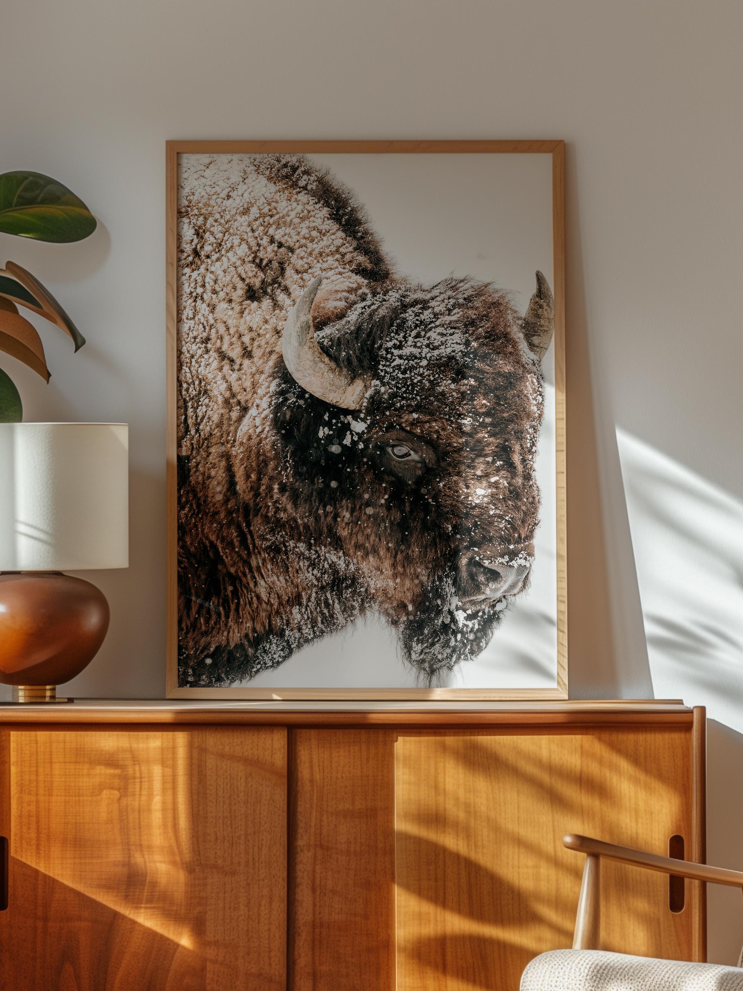 Rustic Çerçevesiz Poster, İskandinav Kahverengi Poster, NO:117 Bison Yakın Plan Fotoğraf, Dikey