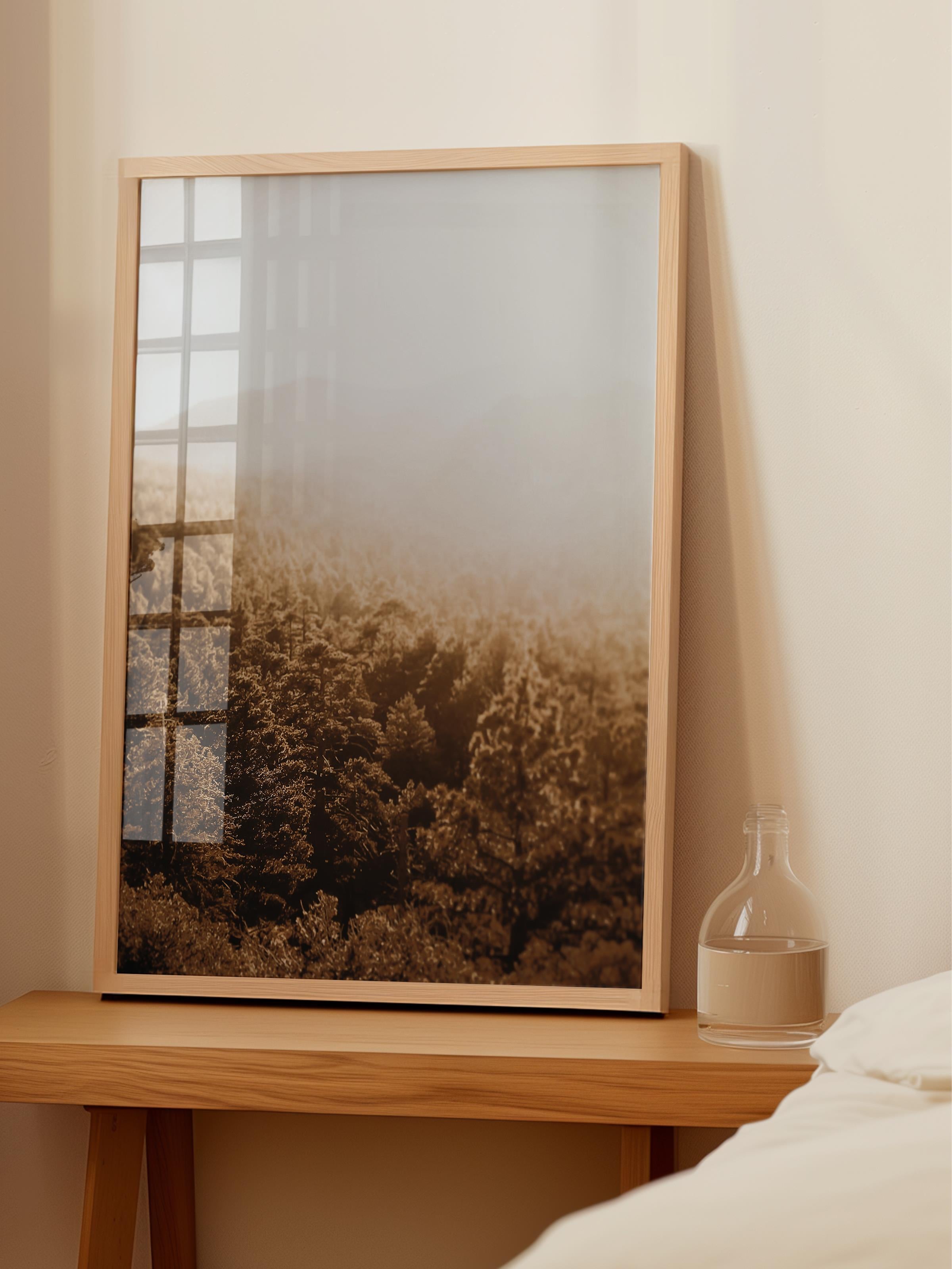 Rustic Çerçevesiz Poster, İskandinav Kahverengi Poster, NO:12 Sisli Orman ve Dağlar Fotoğraf, Dikey