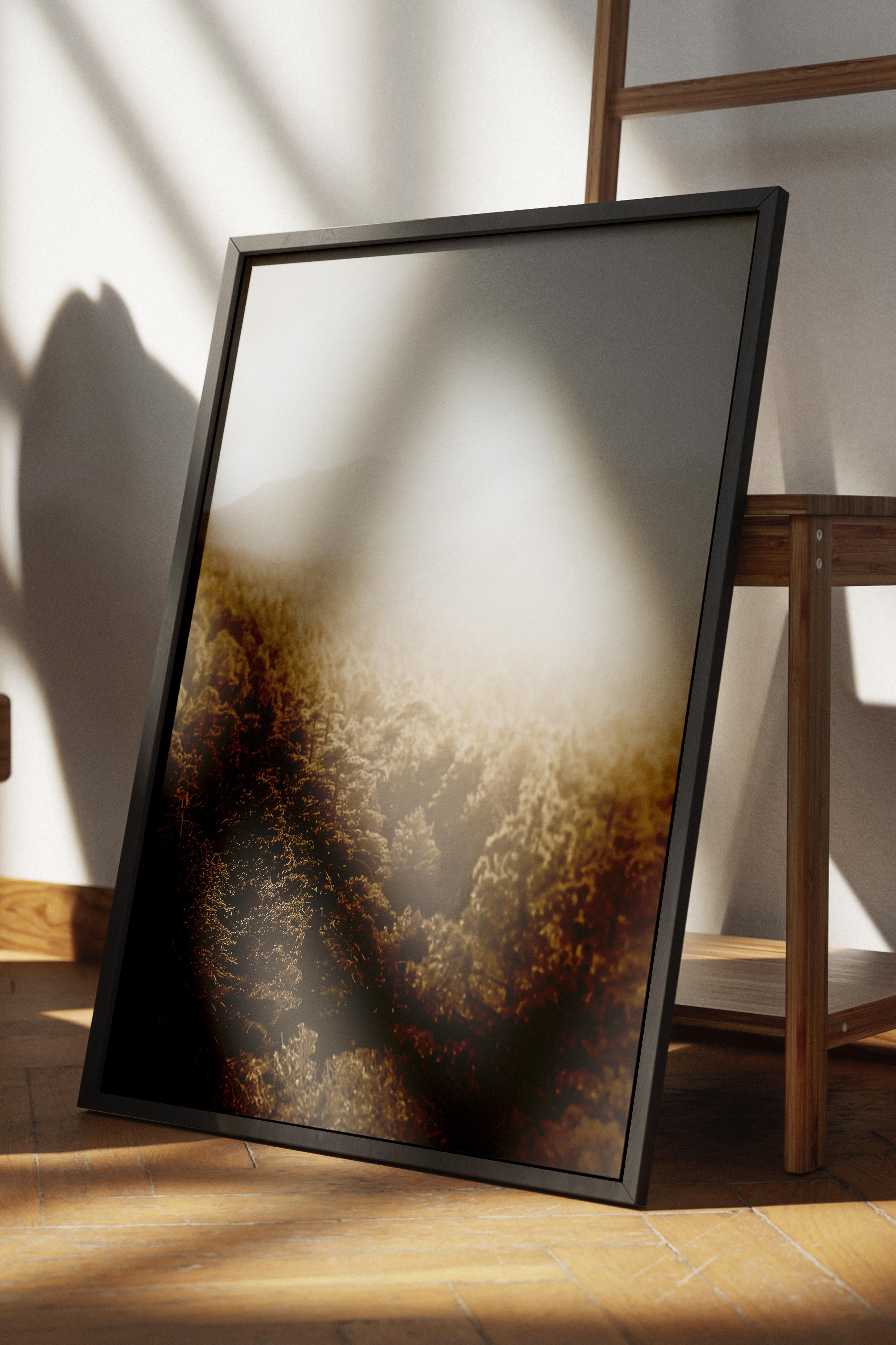 Rustic Çerçevesiz Poster, İskandinav Kahverengi Poster, NO:12 Sisli Orman ve Dağlar Fotoğraf, Dikey