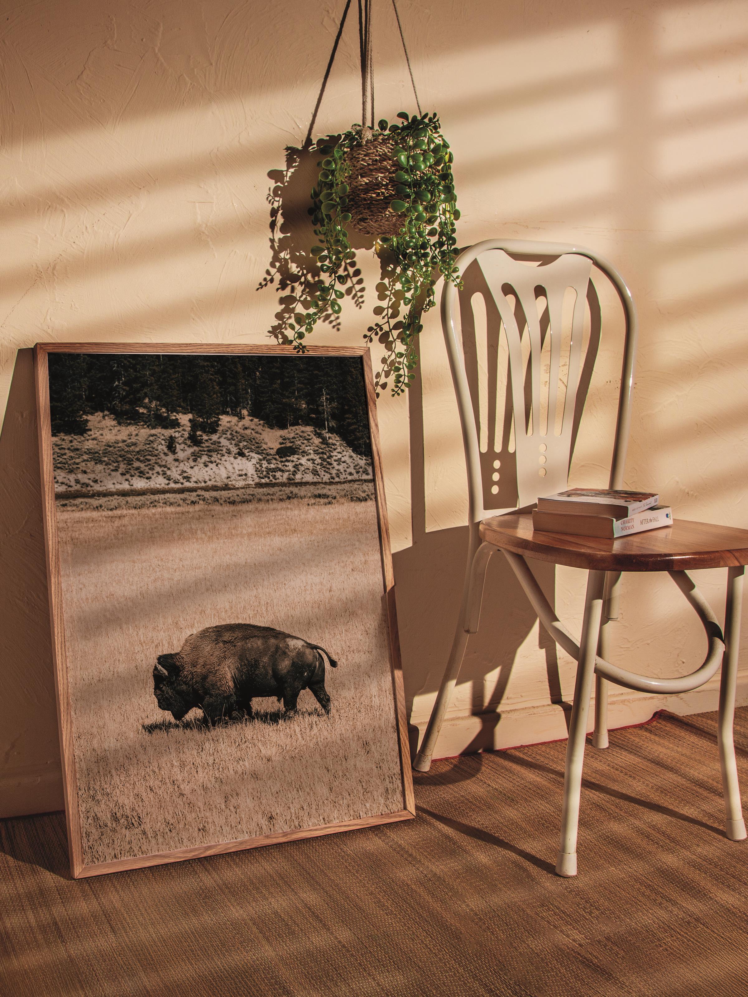 Rustic Çerçevesiz Poster, İskandinav Kahverengi Poster, NO:122 Otlayan Bison Fotoğraf, Dikey