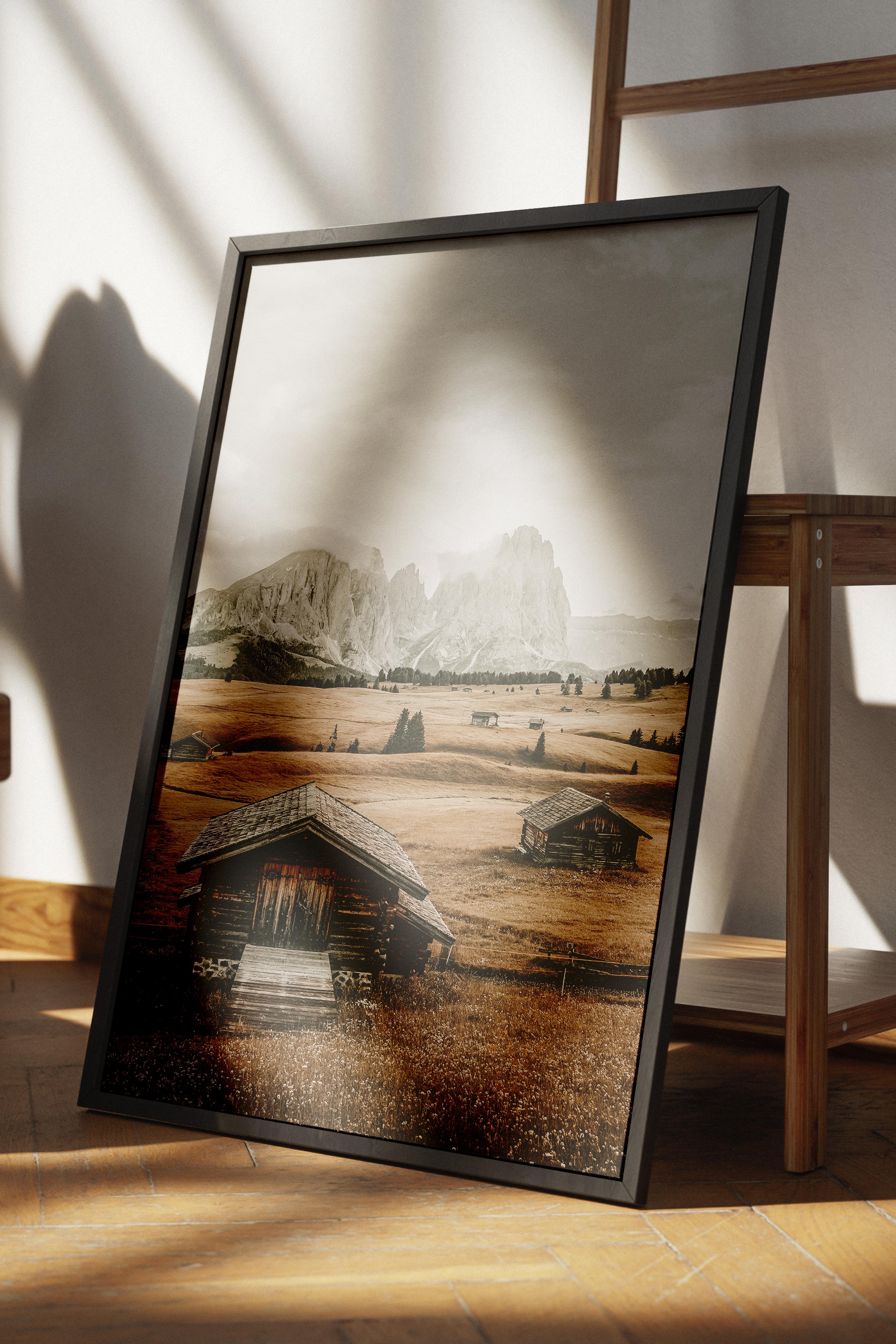 Rustic Çerçevesiz Poster, İskandinav Kahverengi Poster, NO:123 Ahşap Kulübe ve Dağlar Fotoğraf, Dikey
