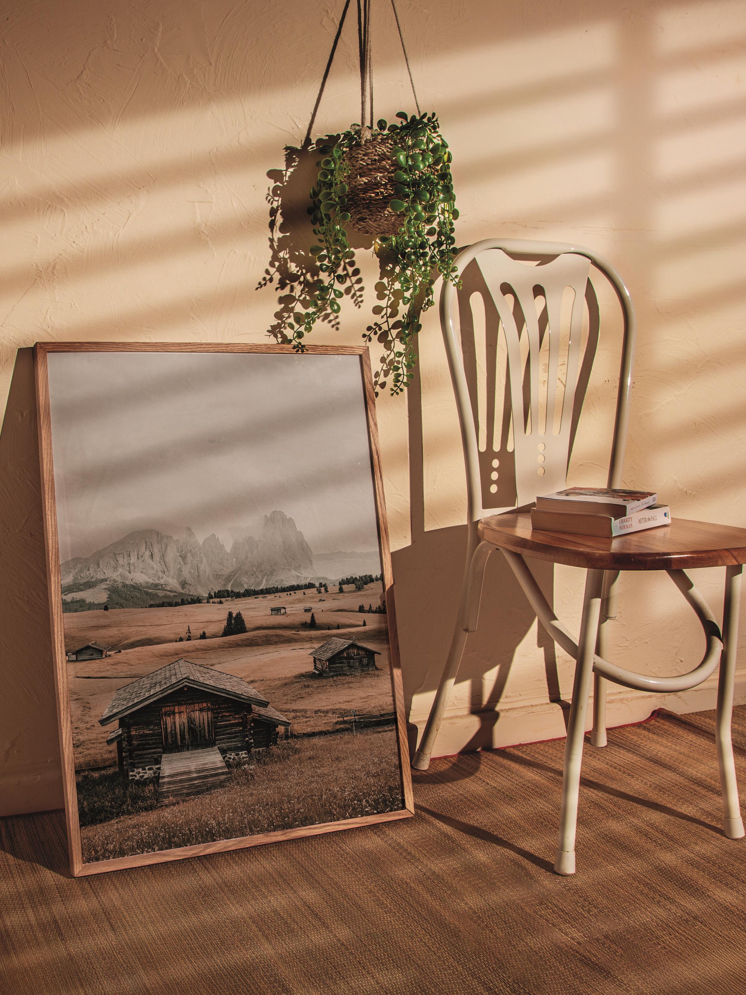 Rustic Çerçevesiz Poster, İskandinav Kahverengi Poster, NO:123 Ahşap Kulübe ve Dağlar Fotoğraf, Dikey
